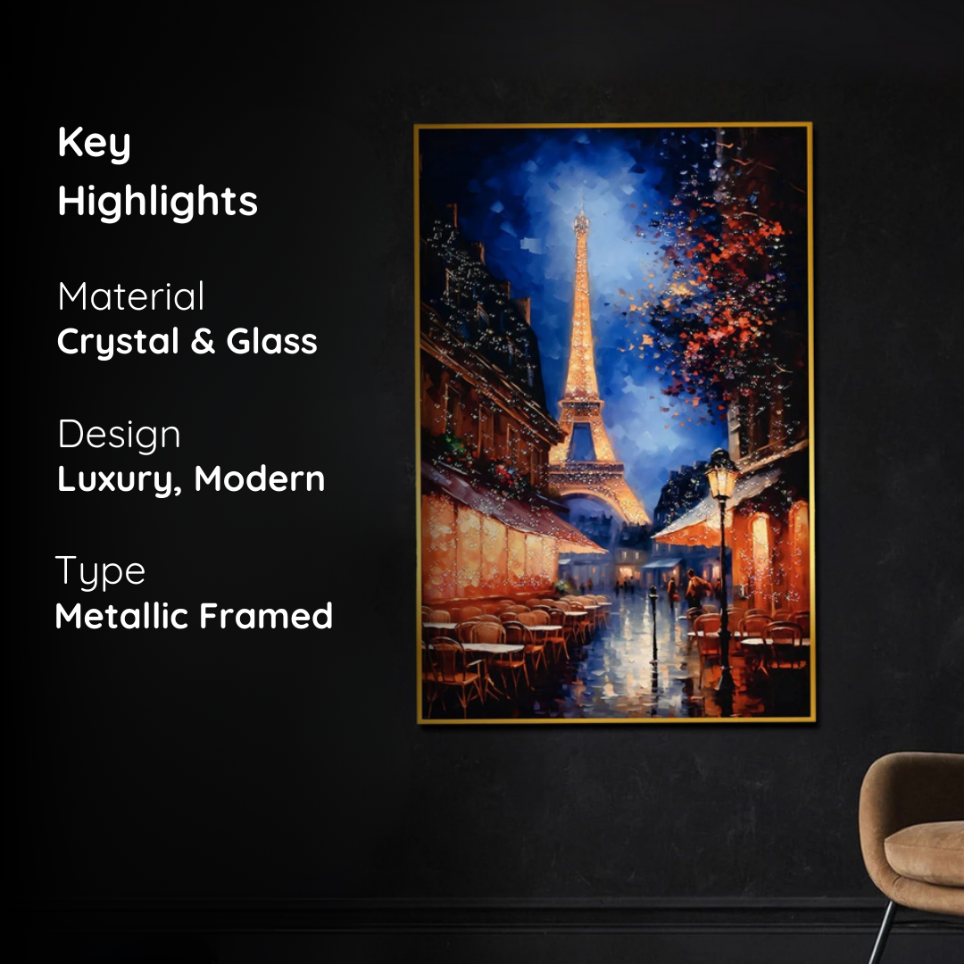 Paris Eiffel Tower Metallic Framed Crystal Glass Painting