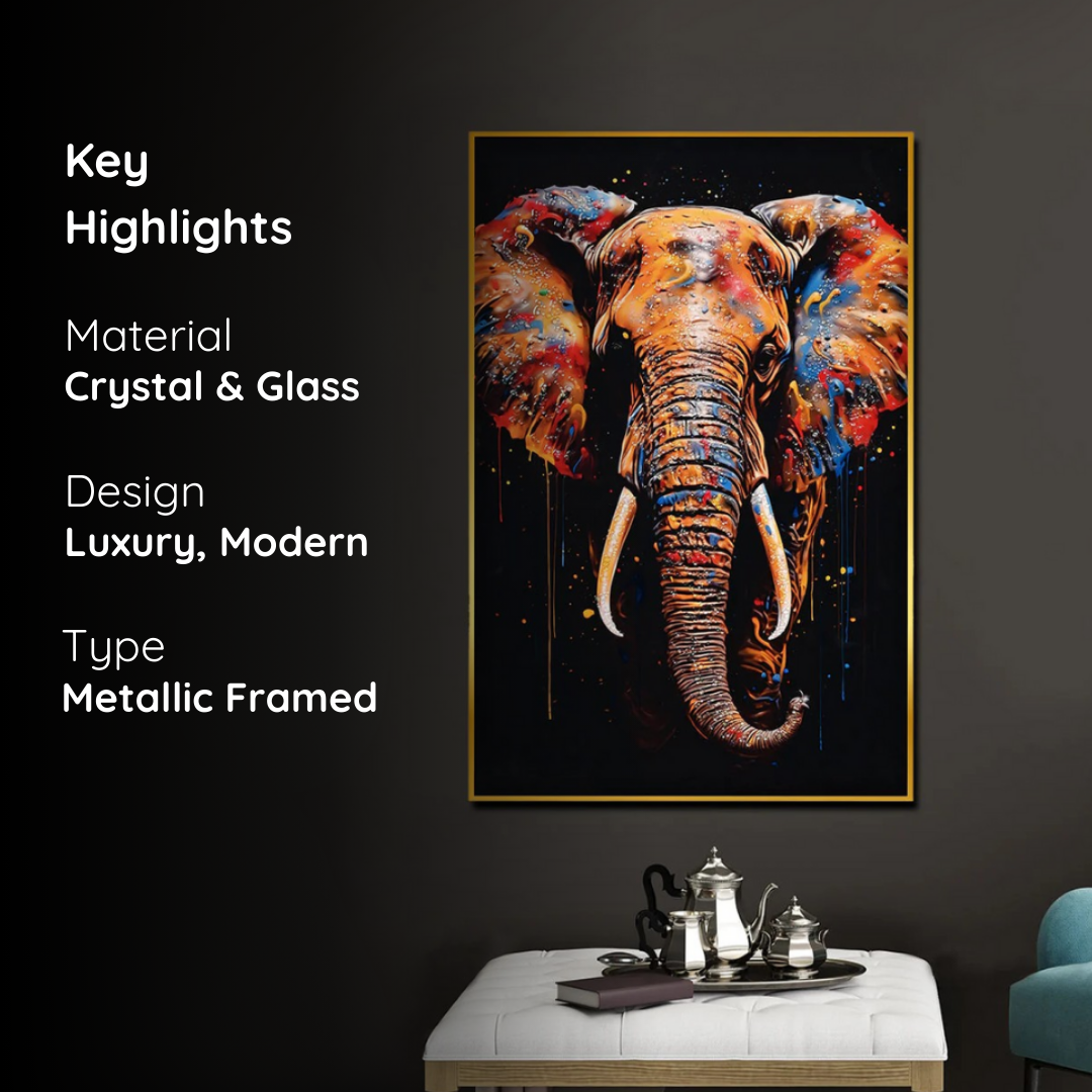Modern Colourful Elephant Metallic Framed Crystal Glass Painting