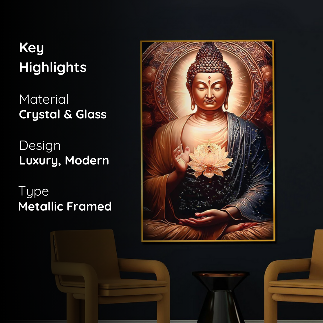 Peaceful Golden Meditating Buddha Metallic Framed Crystal Glass Painting
