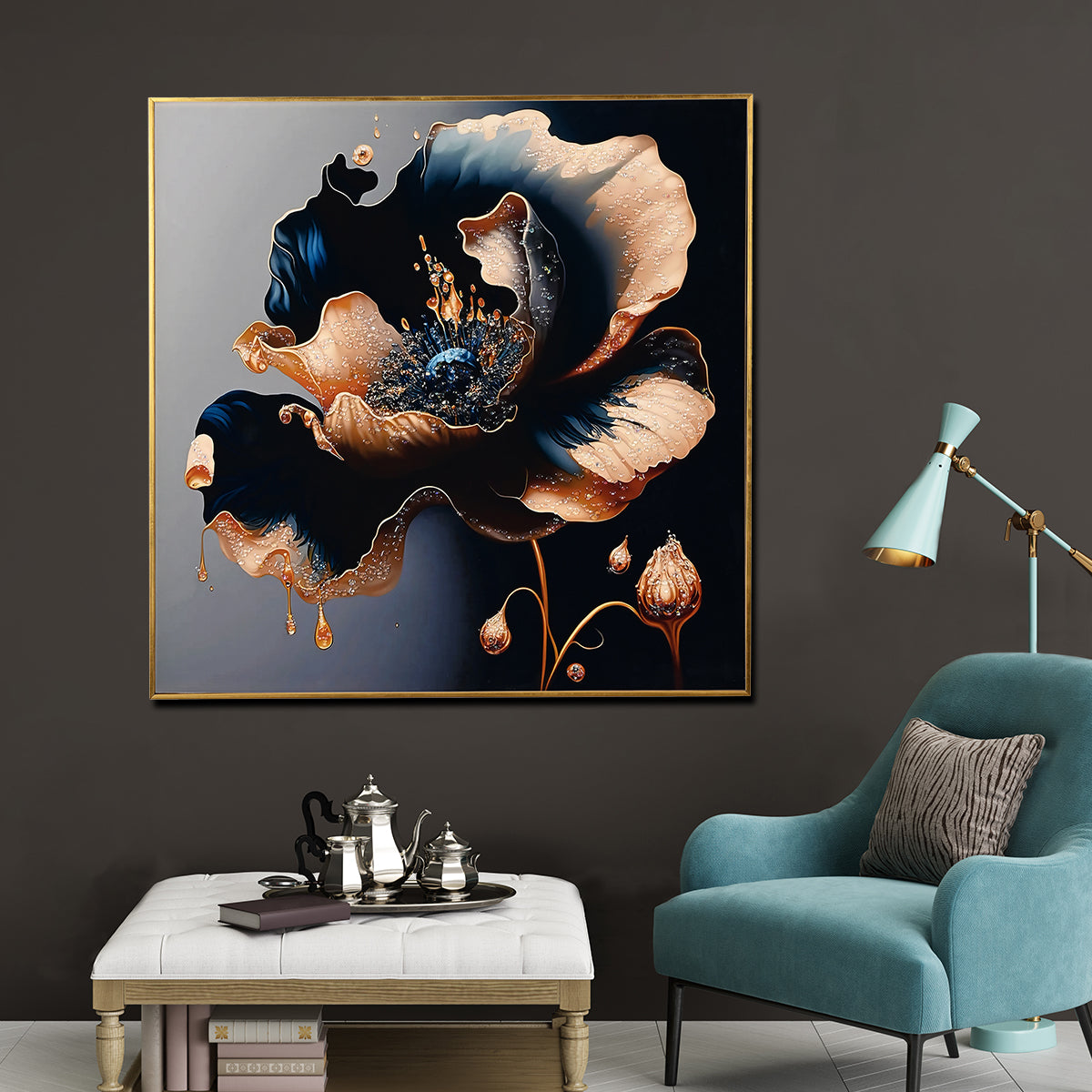 Midnight Bloom Crystal Glass Painting with Gold Highlights