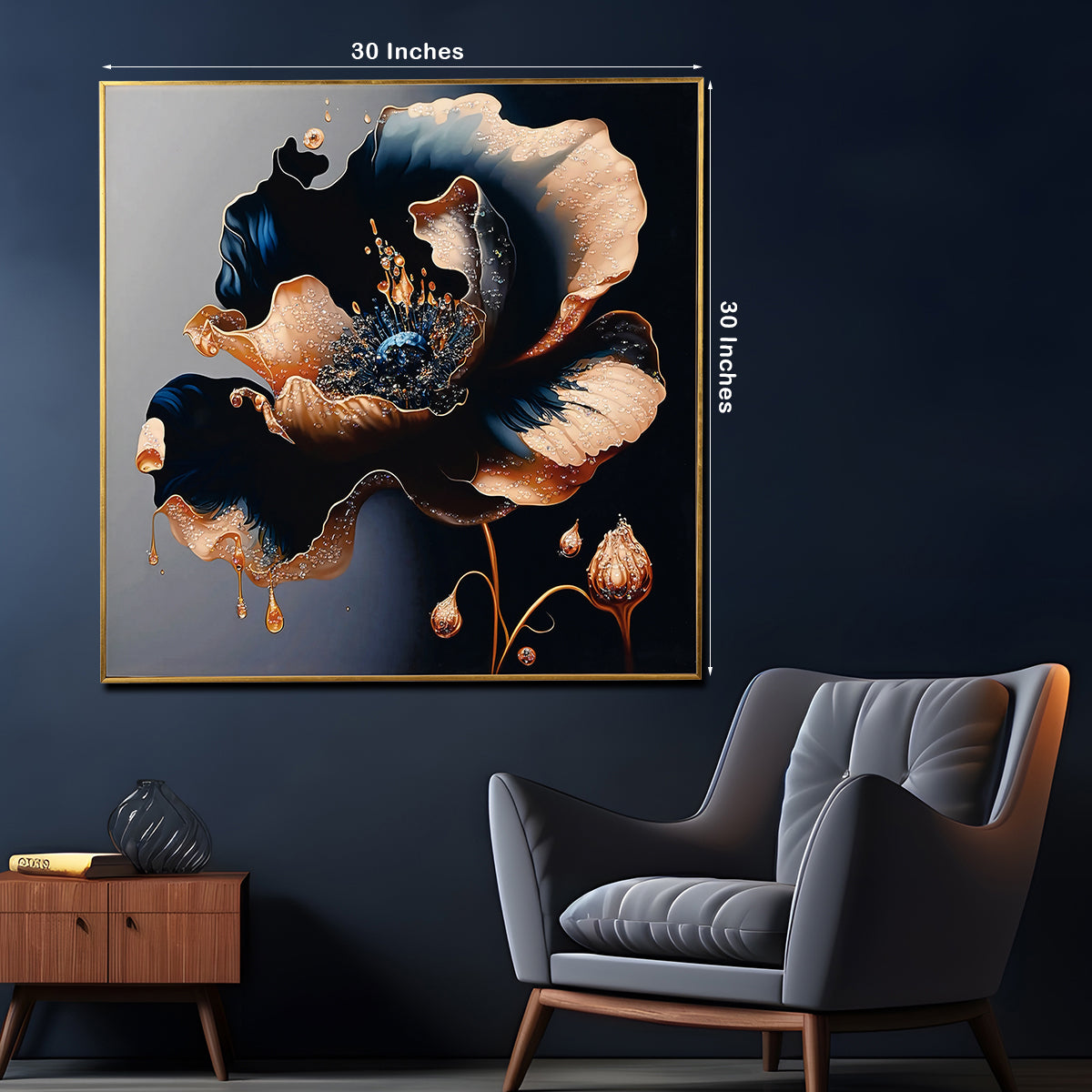 Midnight Bloom Crystal Glass Painting with Gold Highlights