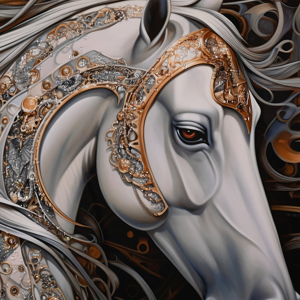 Ornamented White Horse Luxury Crystal Glass Painting