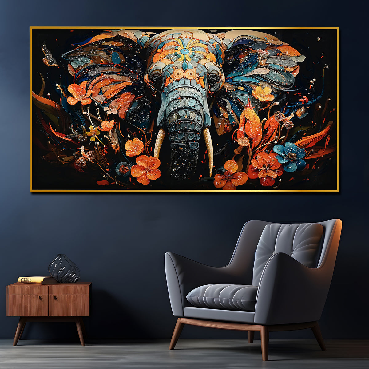 Floral Majesty Elephant Crystal Glass Painting in Bold Botanical Design