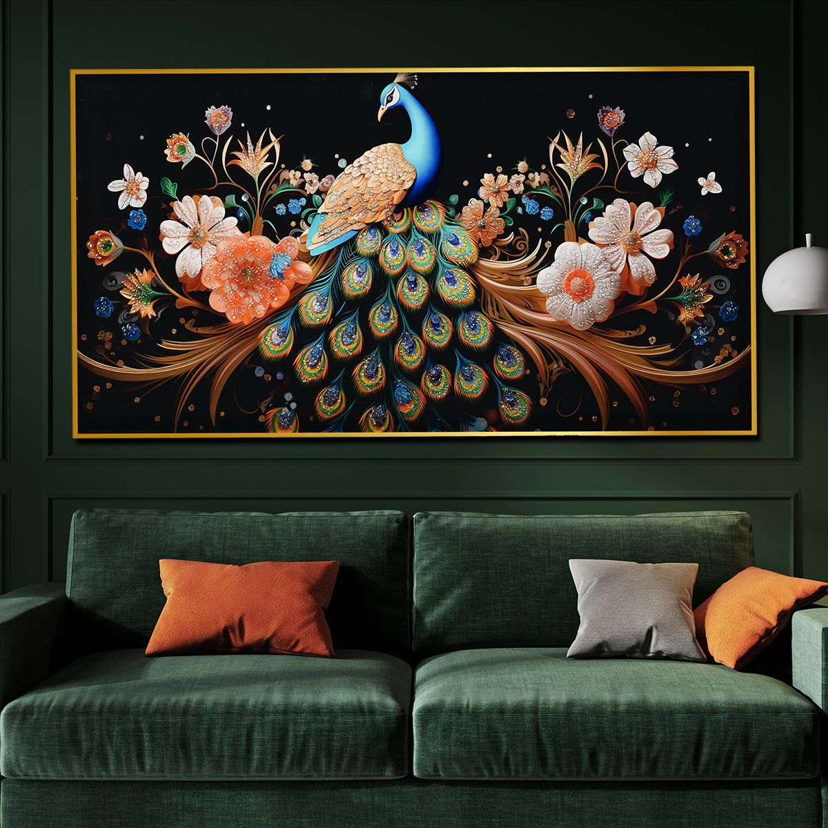 Elegant Peacock Crystal Glass Painting with Floral Detailing