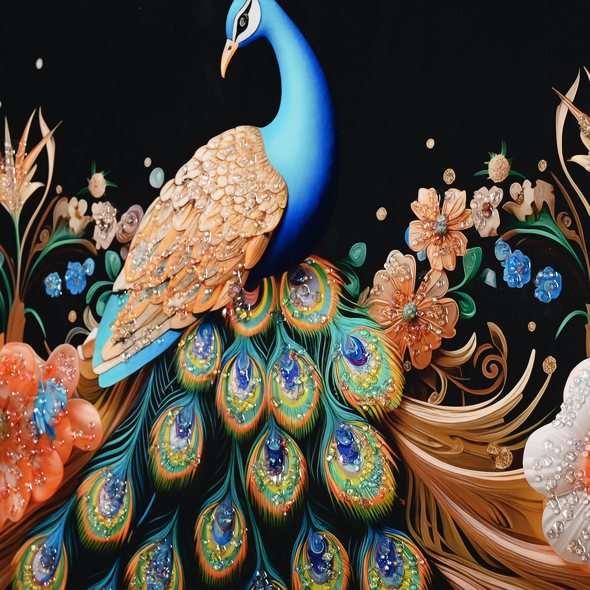 Elegant Peacock Crystal Glass Painting with Floral Detailing
