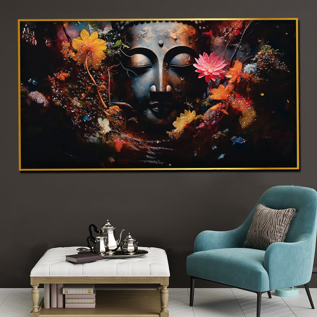 Buddha in Blooms Framed Crystal Glass Painting