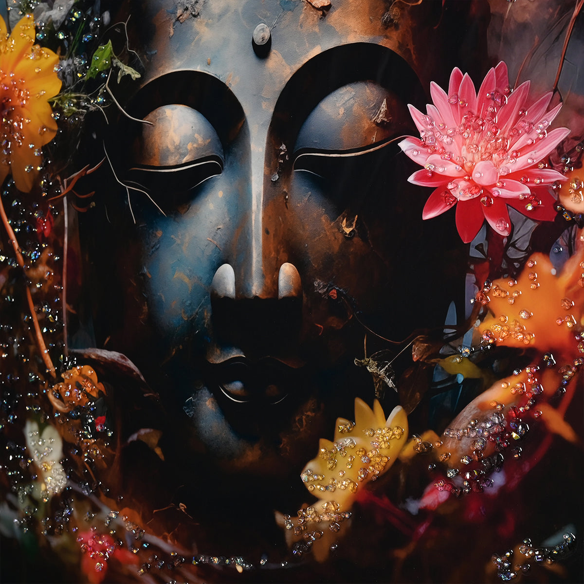 Buddha Face Crystal Glass Painting with Floral Aura