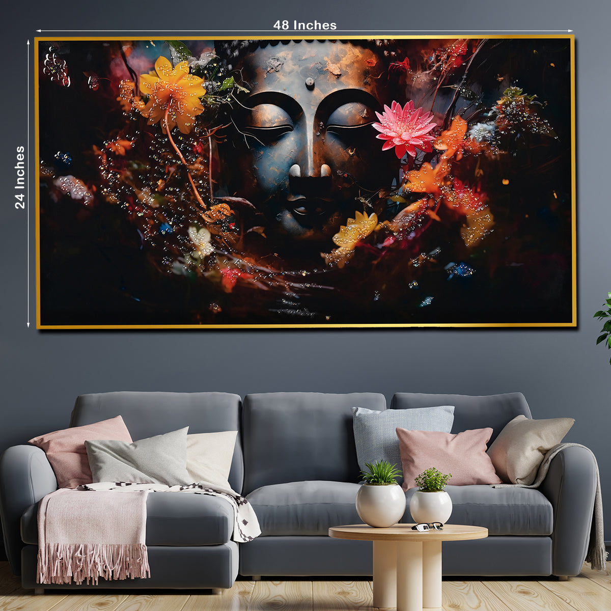Buddha Face Crystal Glass Painting with Floral Aura