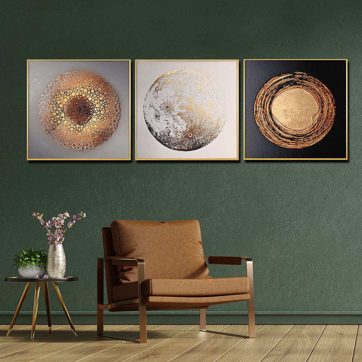 Elegant Trio of Crystal Glass Circle Paintings – Modern Wall Décor