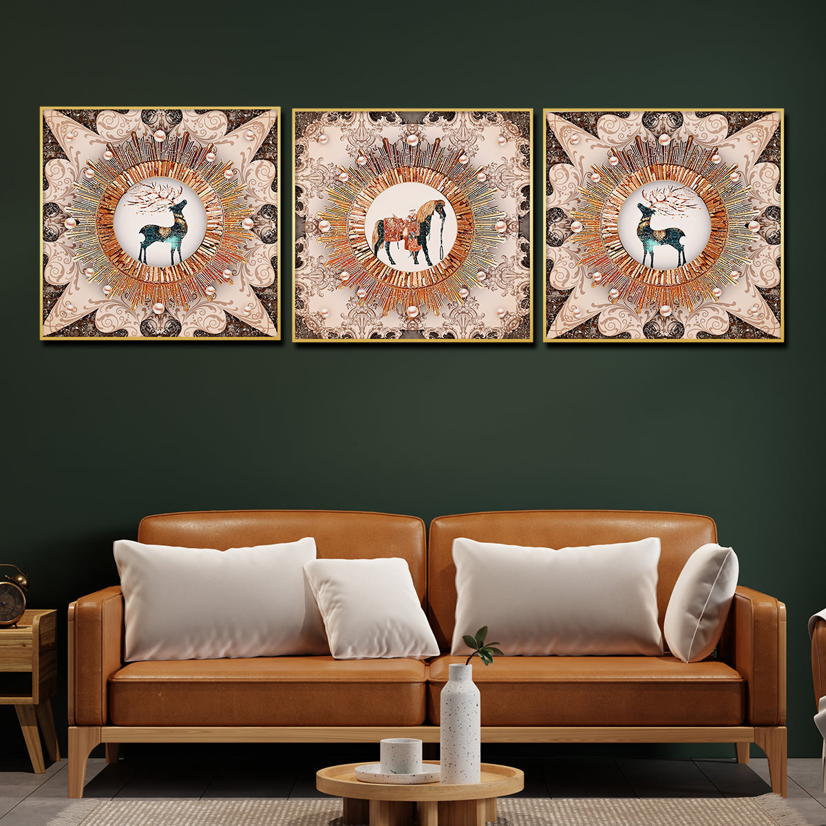 Royal Wild Family Horse Framed Crystal Glass Set of 3 Painting