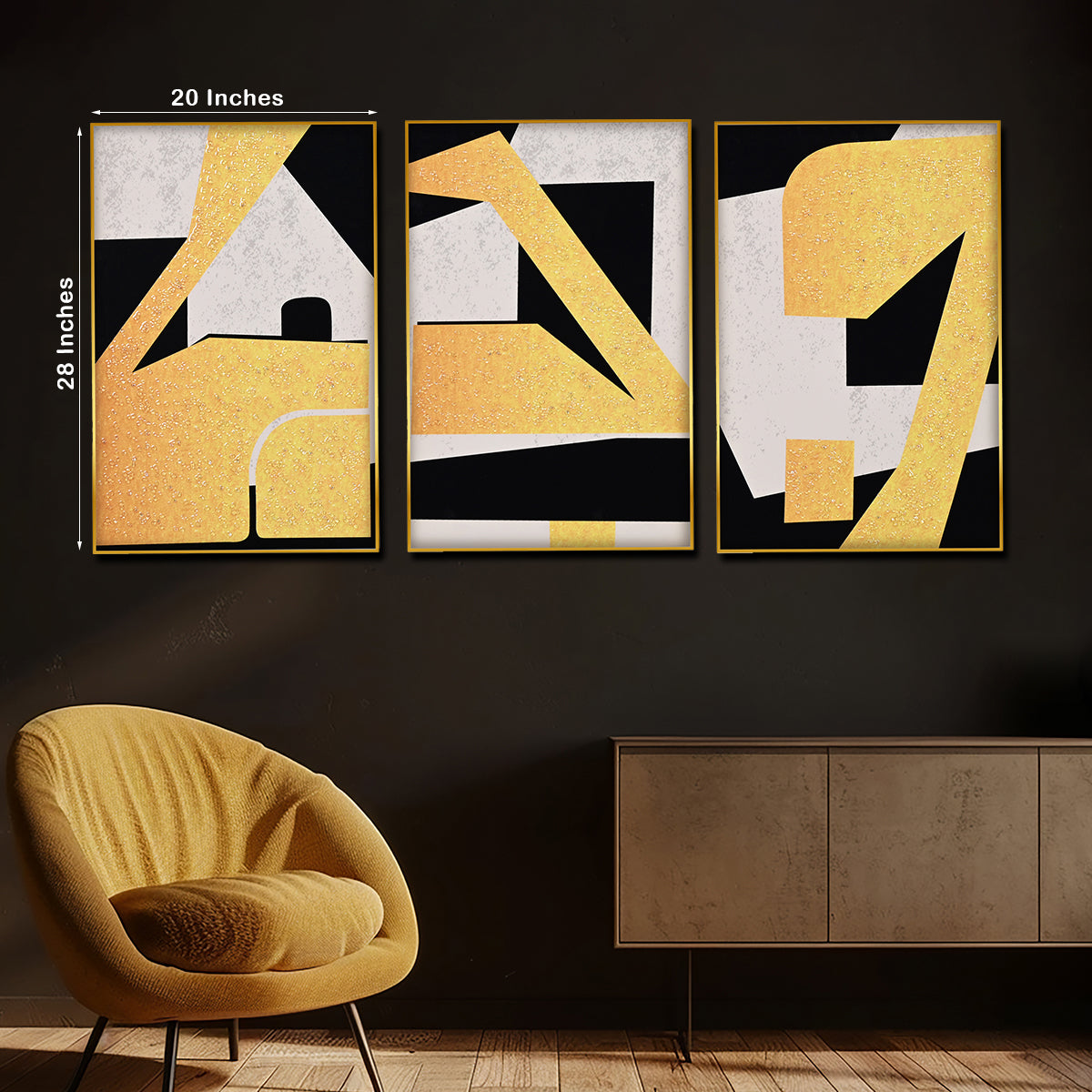Modern Gold Bold Geometric Crystal Glass Painting (Set of 3)