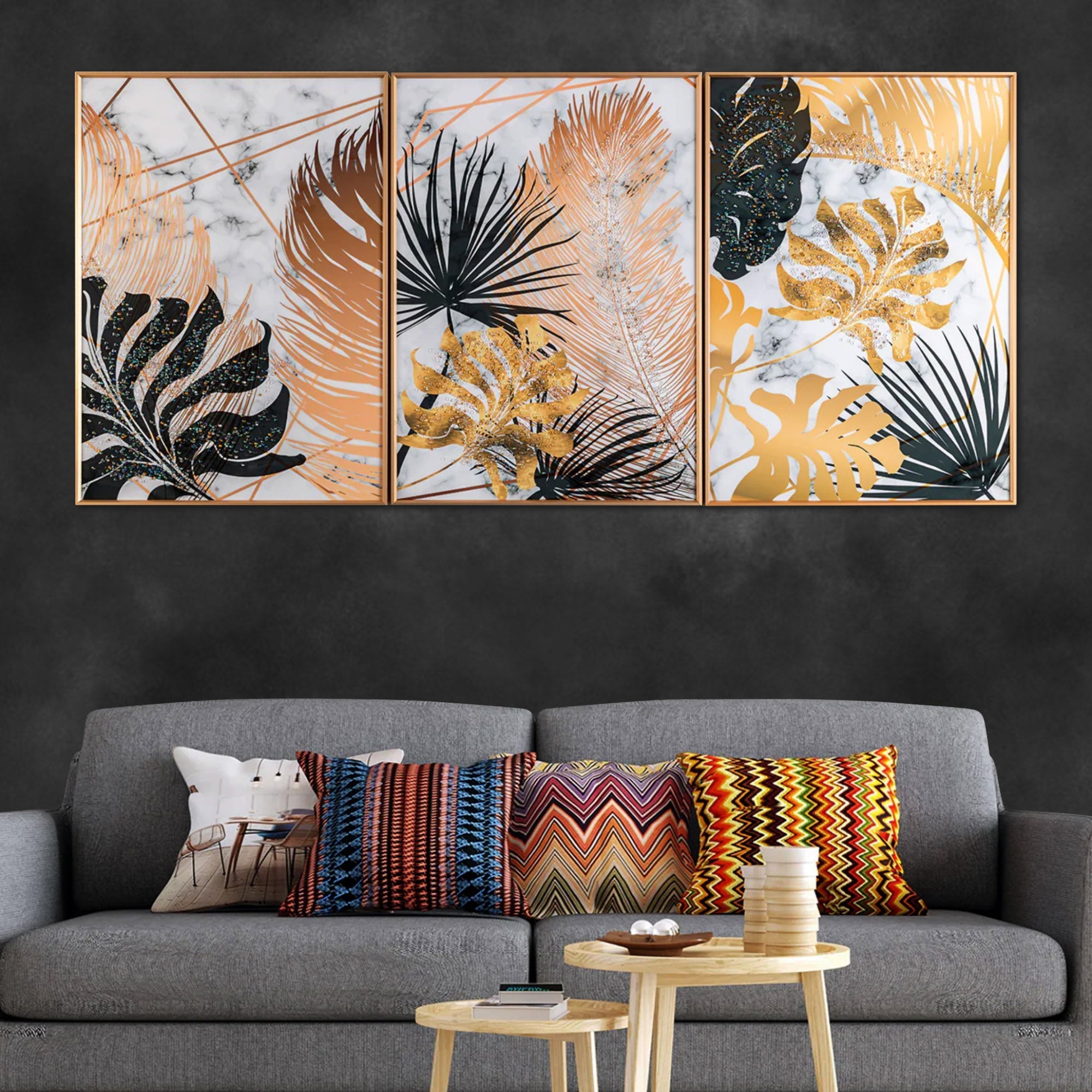 Golden Tropical Leaf Marble Effect Framed Crystal Glass Wall Art – Set of 3