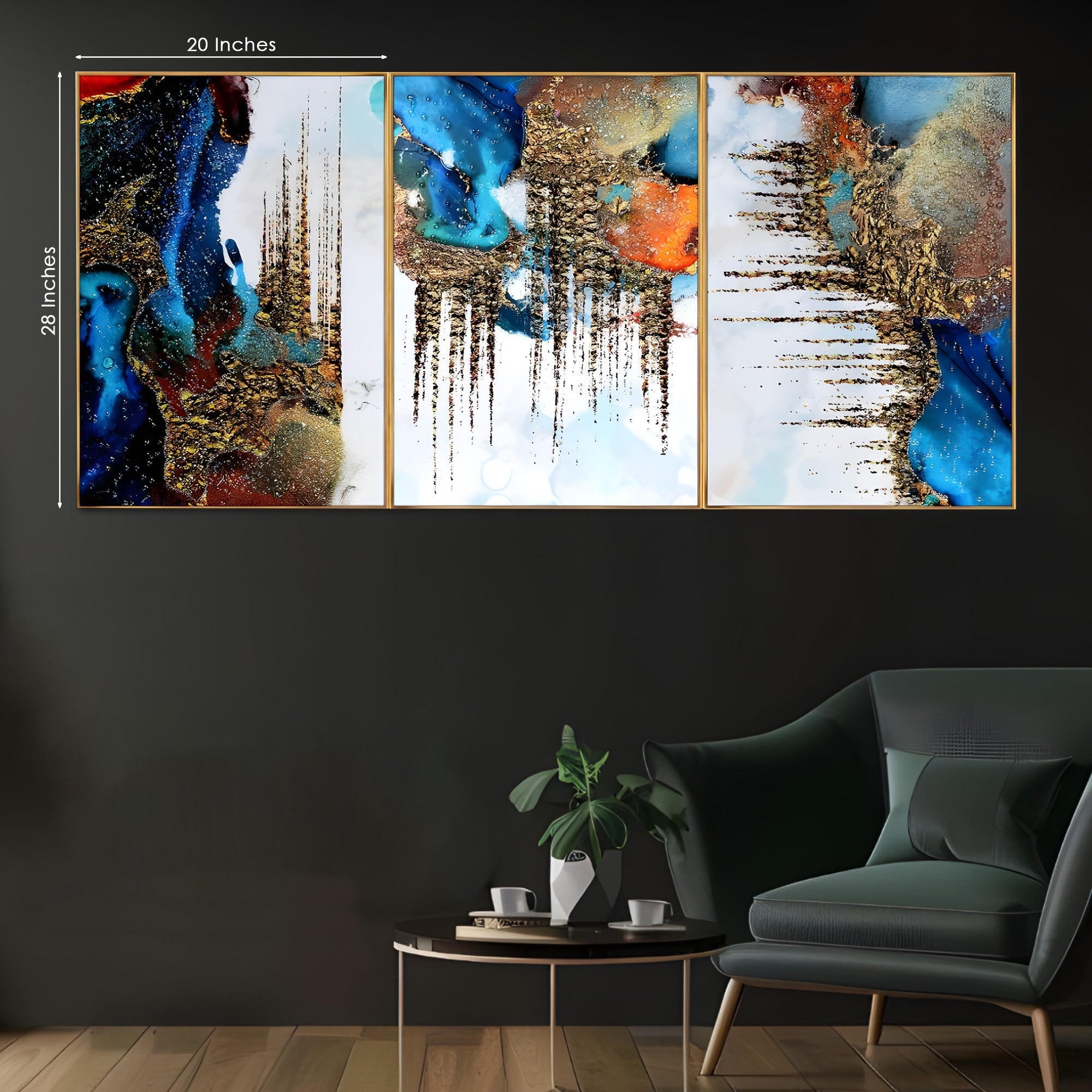 Blue & Gold Abstract Luxury Framed Crystal Glass Wall Art – Set of 3