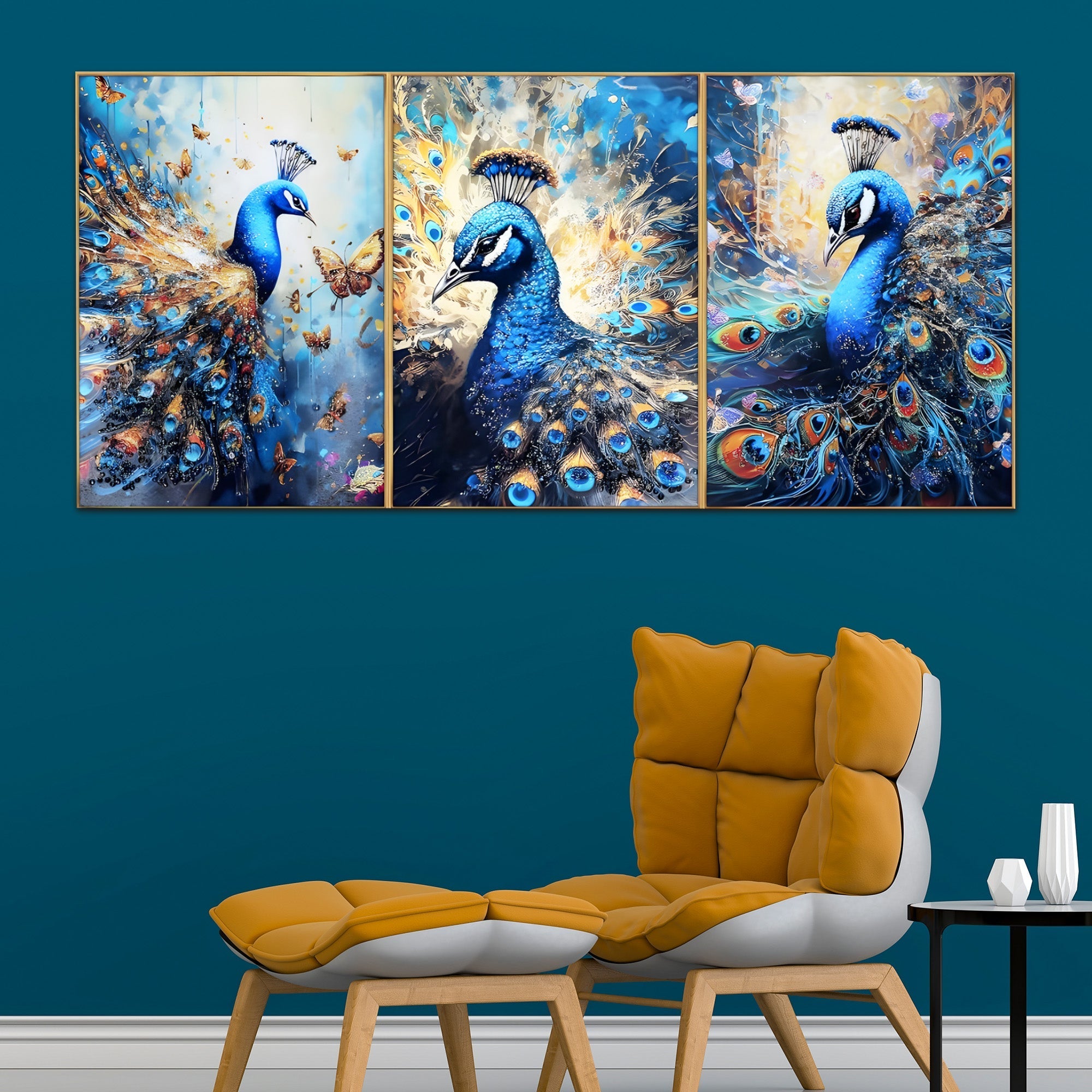 Majestic Peacock Trio Framed Crystal Glass Painting – Set of 3