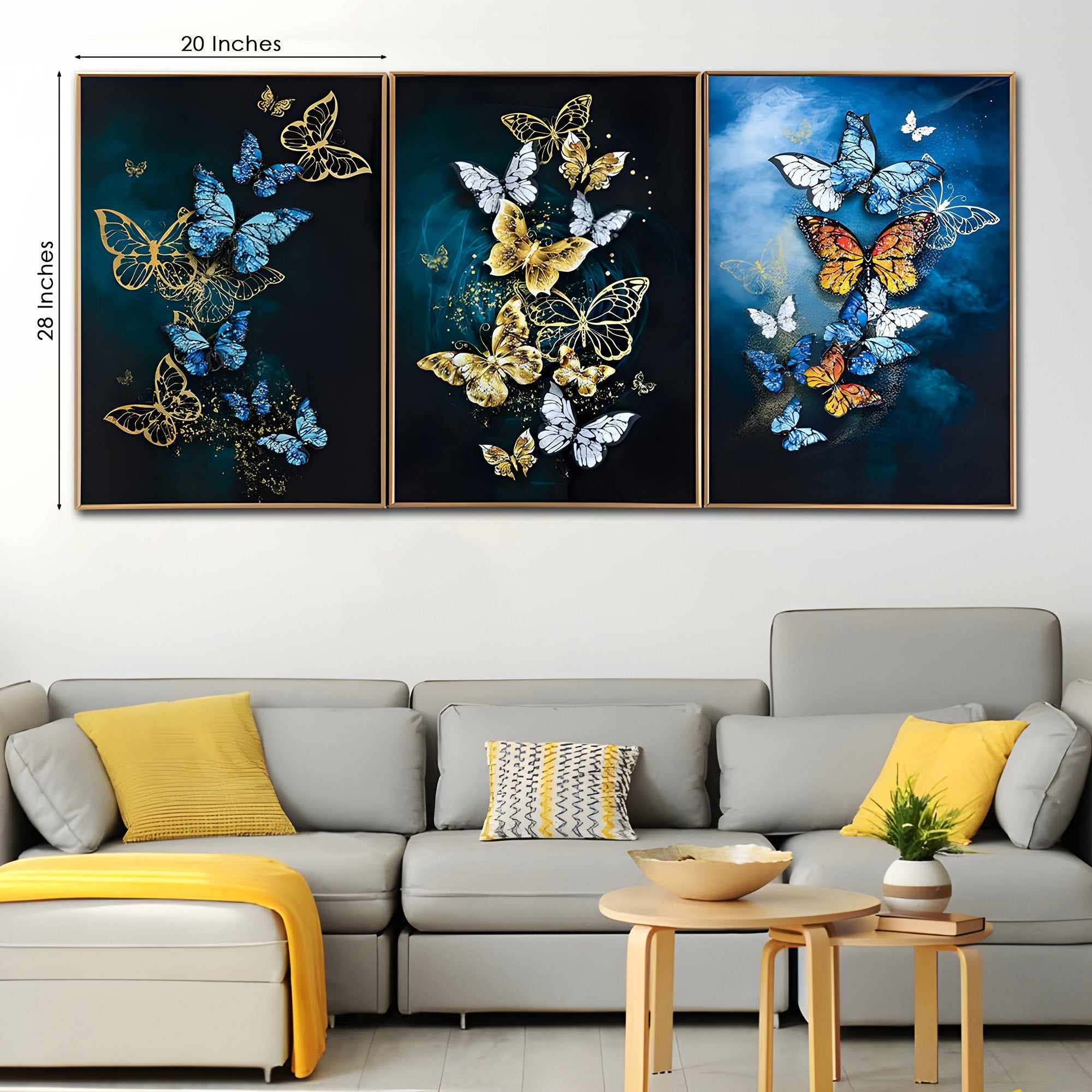 Golden & Blue Butterfly Symphony – Framed Crystal Glass Painting Set of 3