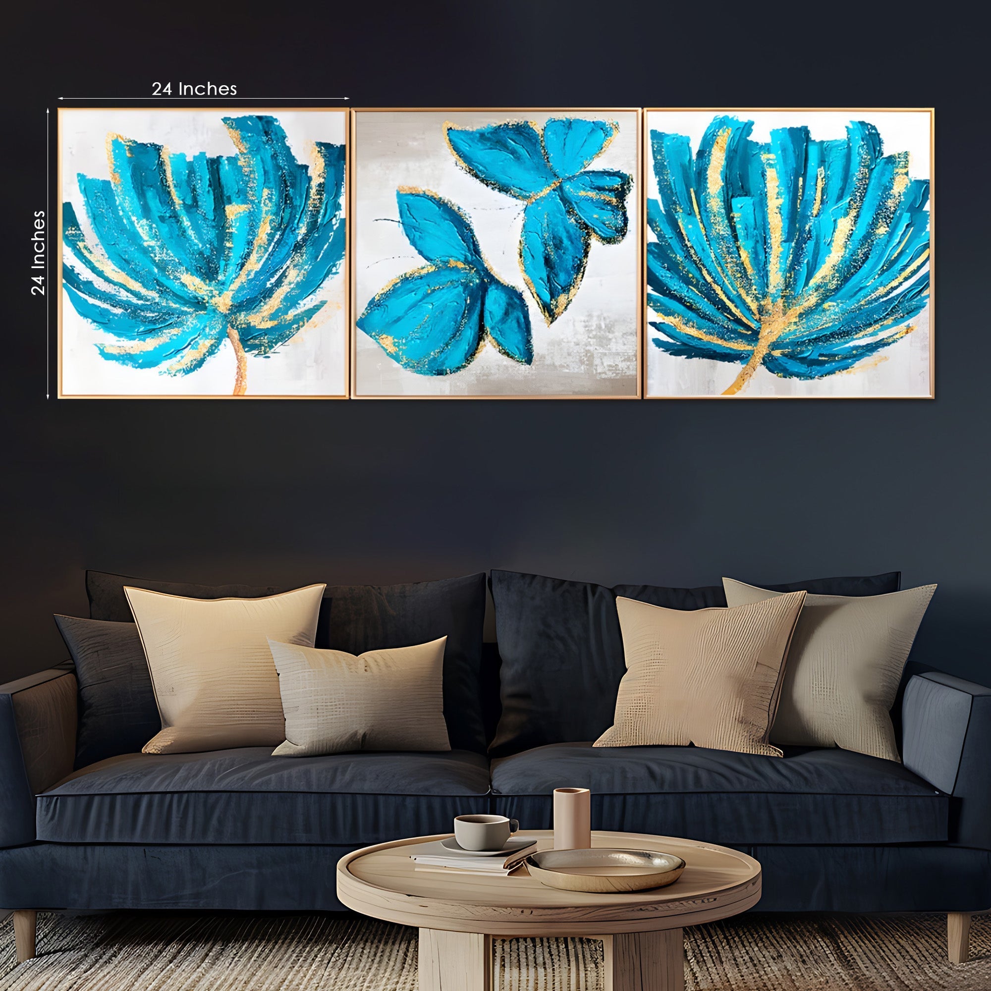 Aqua Bloom Abstract Leaves – Framed Crystal Glass Painting Set of 3