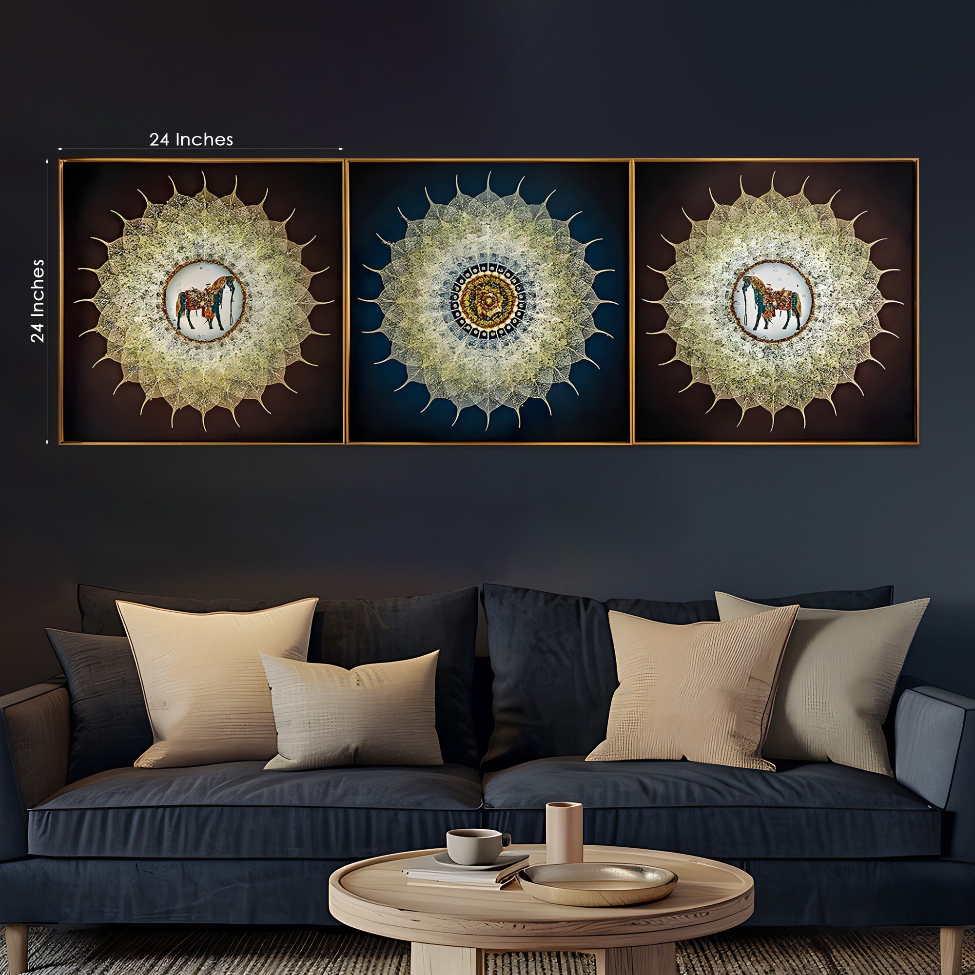 Majestic Mandala Steeds – Framed Crystal Glass Painting Set of 3