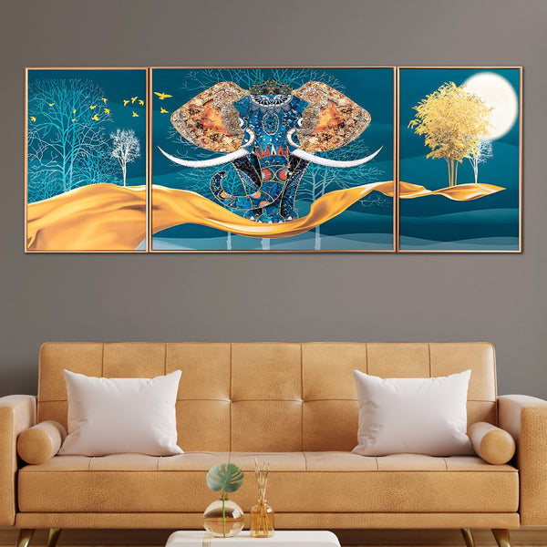 Udaipur Royal Elephant Framed Crystal Glass Paintings – Set of 3