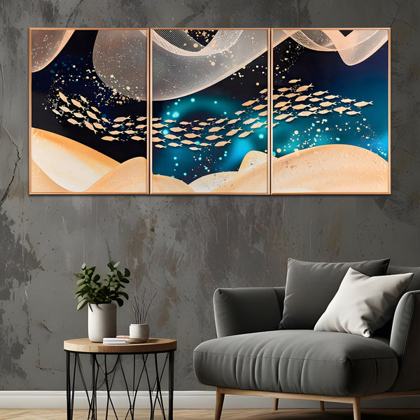 Golden School of Fish Crystal Glass Painting Set of 3
