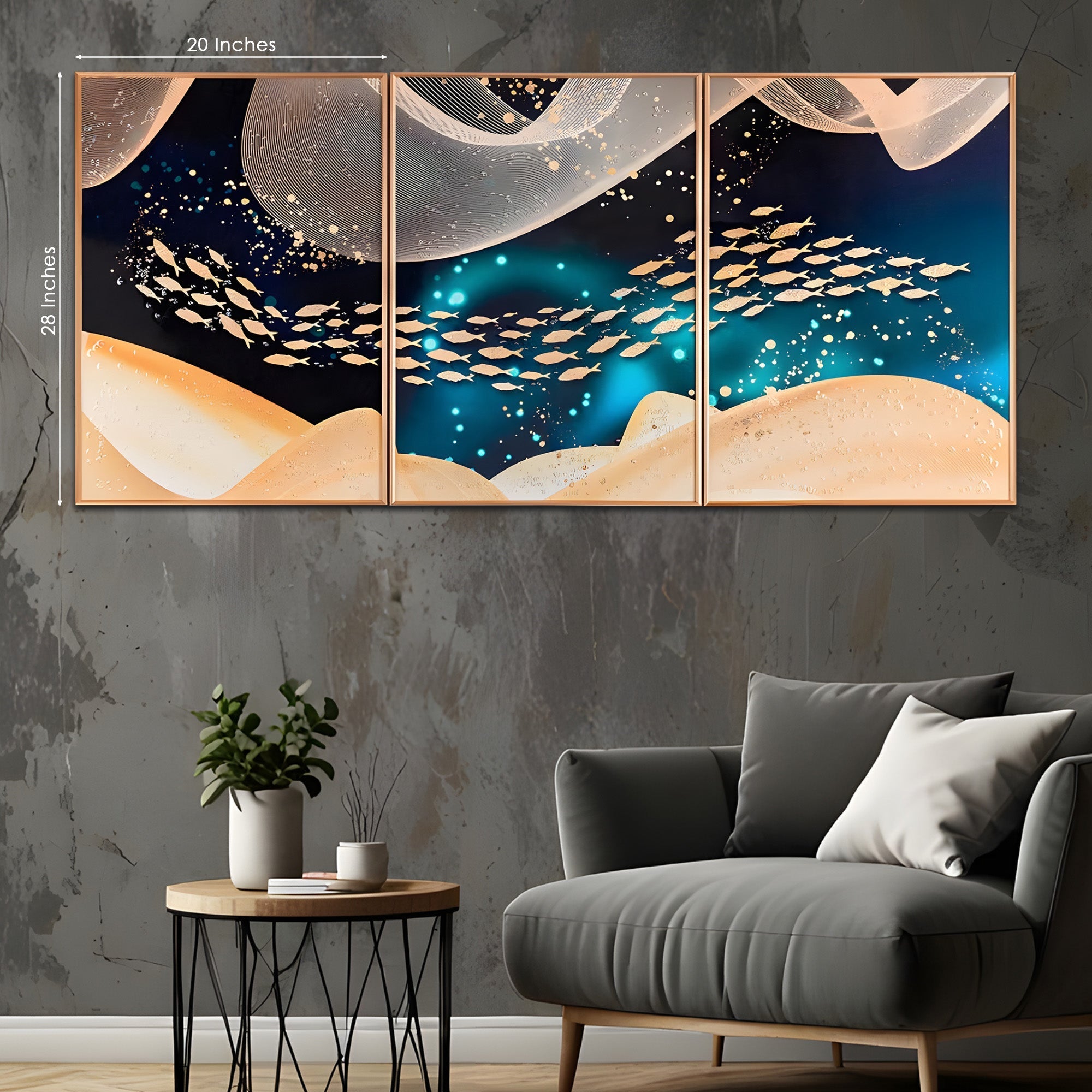Golden School of Fish Crystal Glass Painting Set of 3