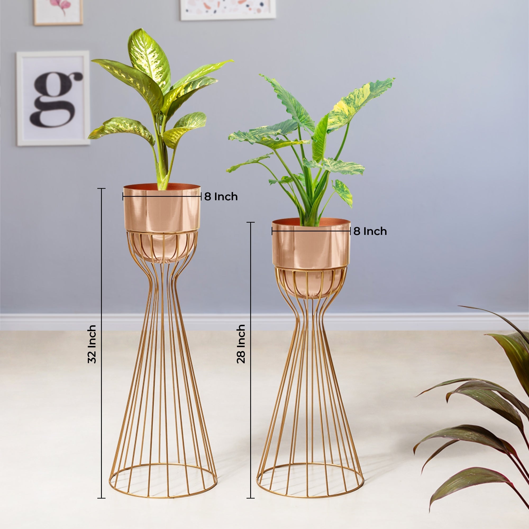 Artful Foliage Gold Stand & Rose Gold Pot Planters Set of 2
