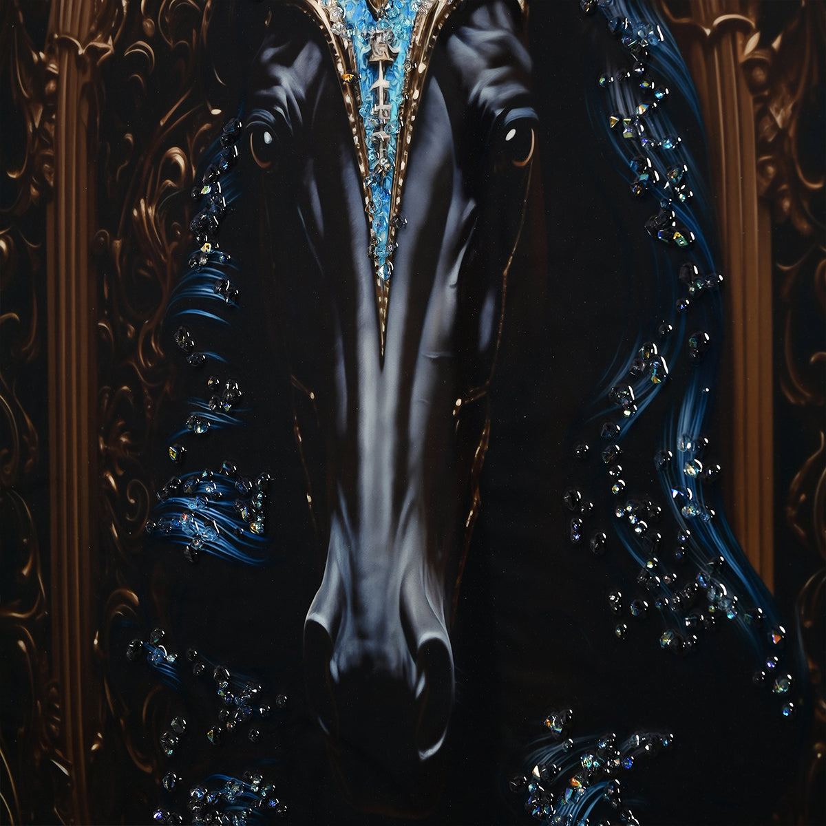 Royal Knight Dark Horse Metallic Framed Crystal Glass Painting