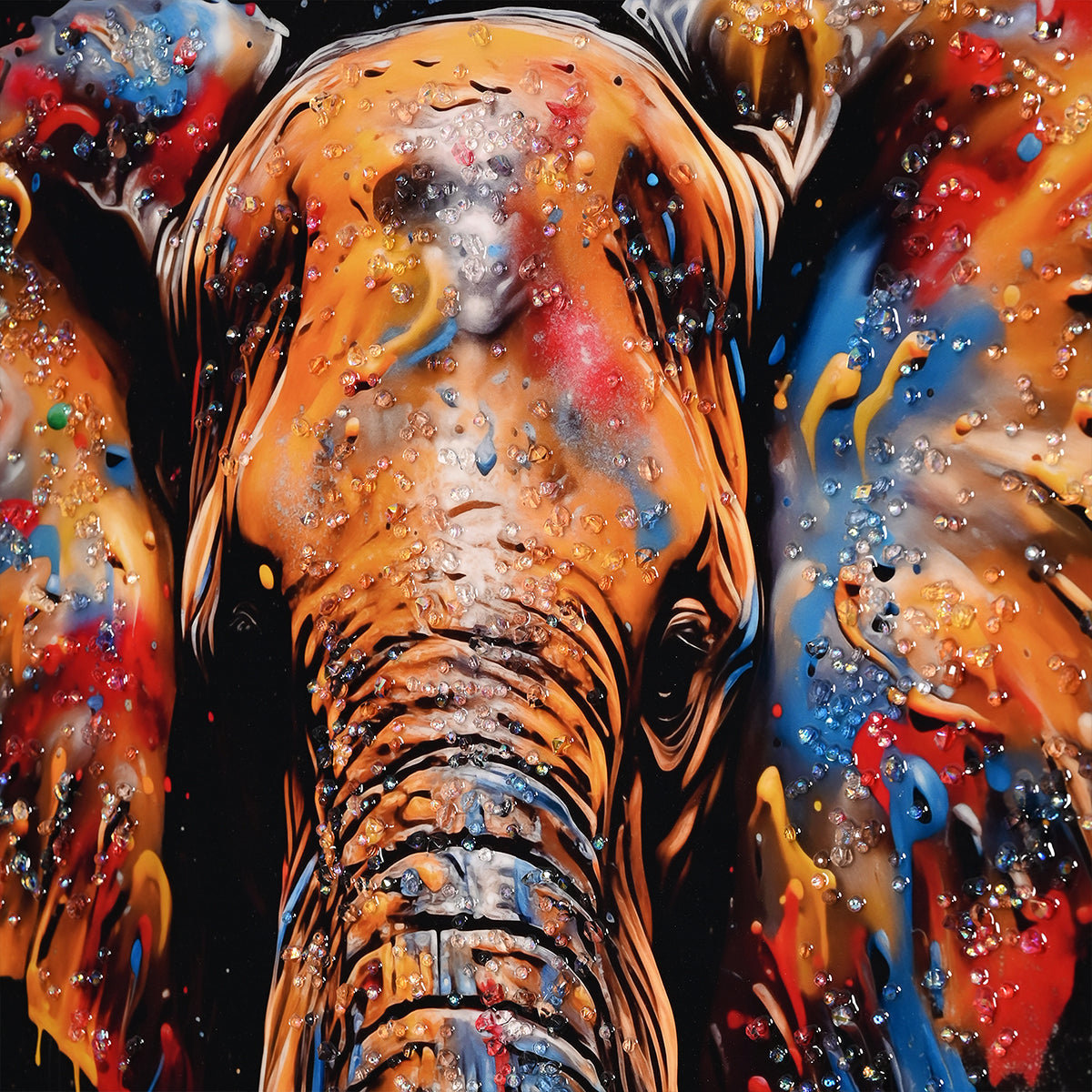Modern Colourful Elephant Metallic Framed Crystal Glass Painting