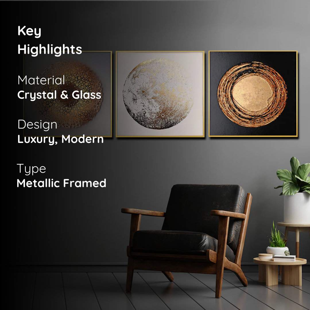 Elegant Trio of Crystal Glass Circle Paintings – Modern Wall Décor