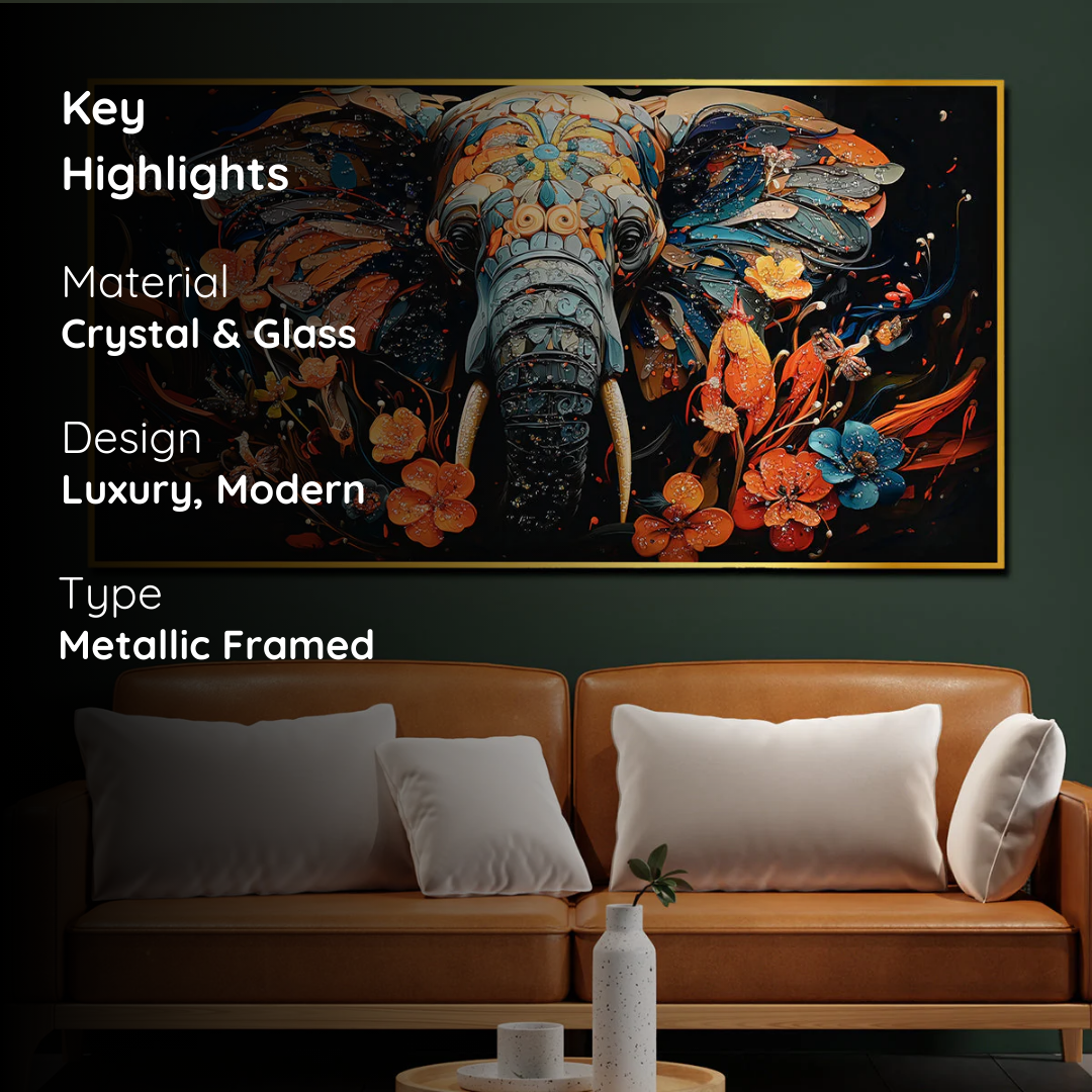 Floral Majesty Elephant Crystal Glass Painting in Bold Botanical Design