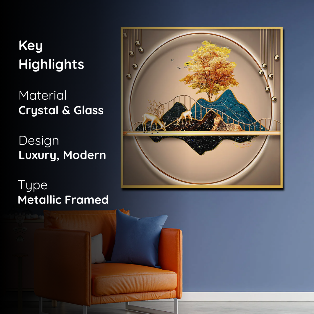 Golden Harmony Landscape Crystal Glass Framed Painting