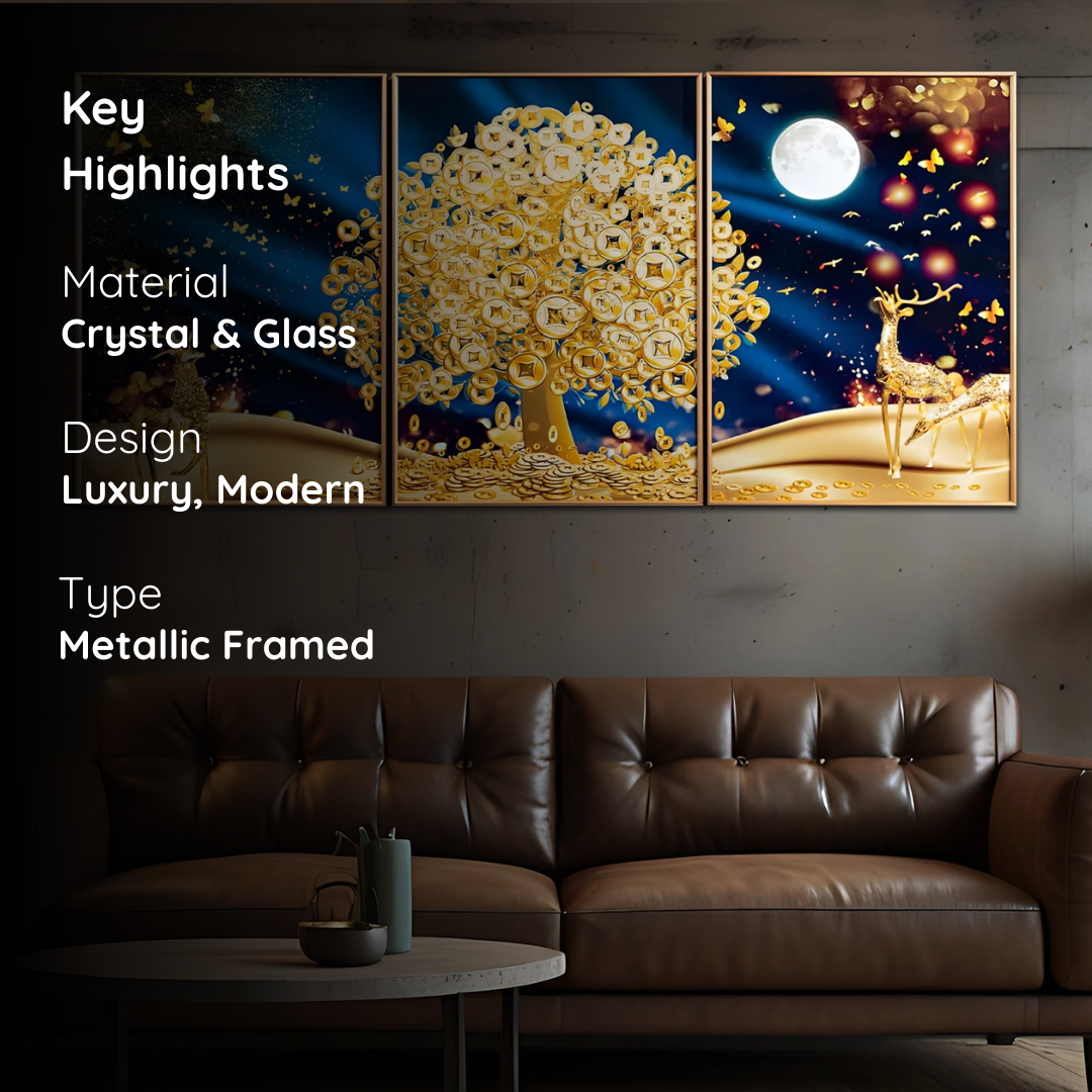 Golden Wealth Tree & Deer Crystal Glass Painting Set of 3