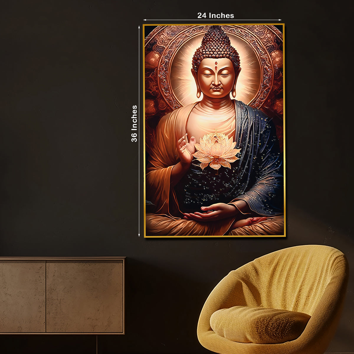 Peaceful Golden Meditating Buddha Metallic Framed Crystal Glass Painting