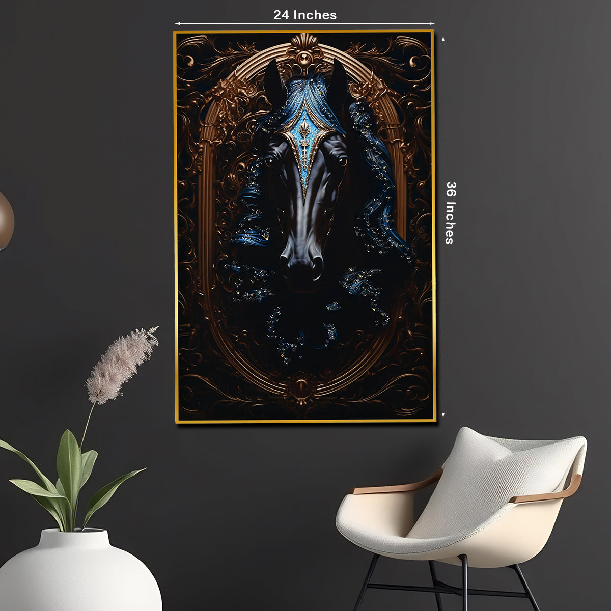 Royal Knight Dark Horse Metallic Framed Crystal Glass Painting