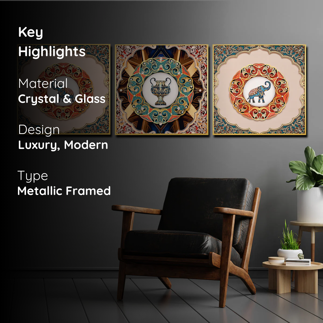 Regal Crystal Glass Painting Set – Traditional Elephant & Vase Art (Set of 3)