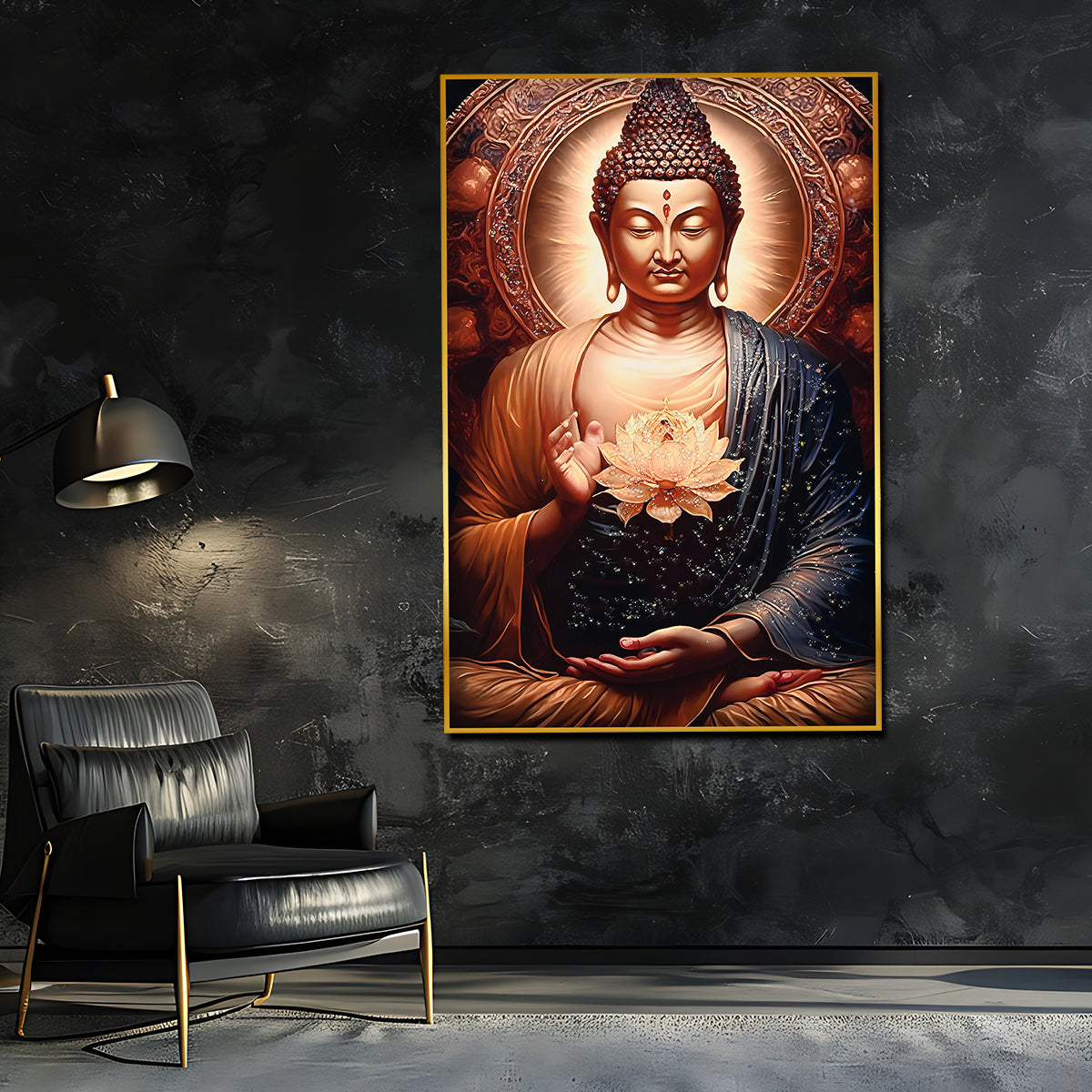 Peaceful Golden Meditating Buddha Metallic Framed Crystal Glass Painting
