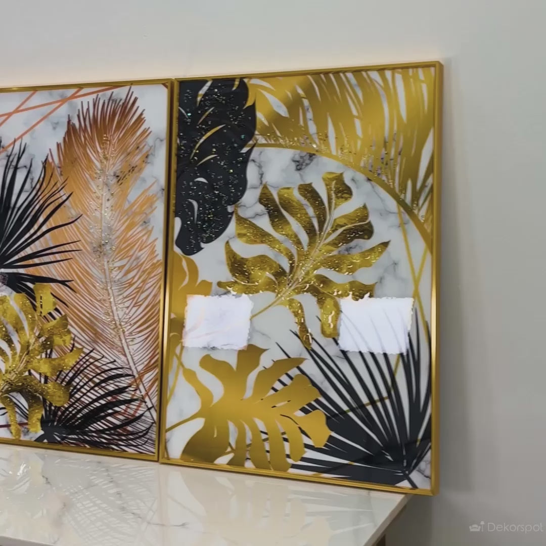 Golden Tropical Leaf Marble Effect Framed Crystal Glass Wall Art – Set of 3