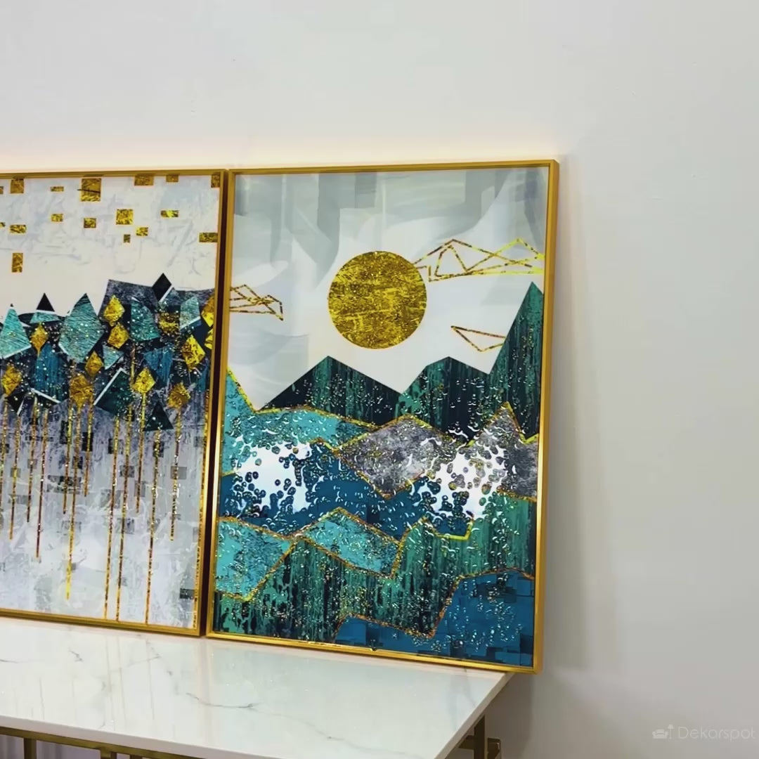 Golden Horizon Crystal Glass Painting – Abstract Mountain Wall Art (Set of 3)