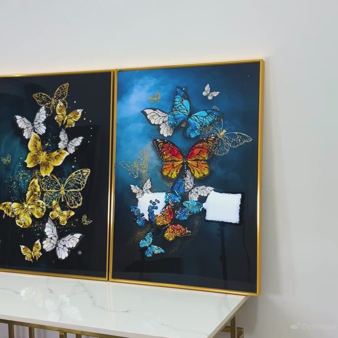 Golden & Blue Butterfly Symphony – Framed Crystal Glass Painting Set of 3