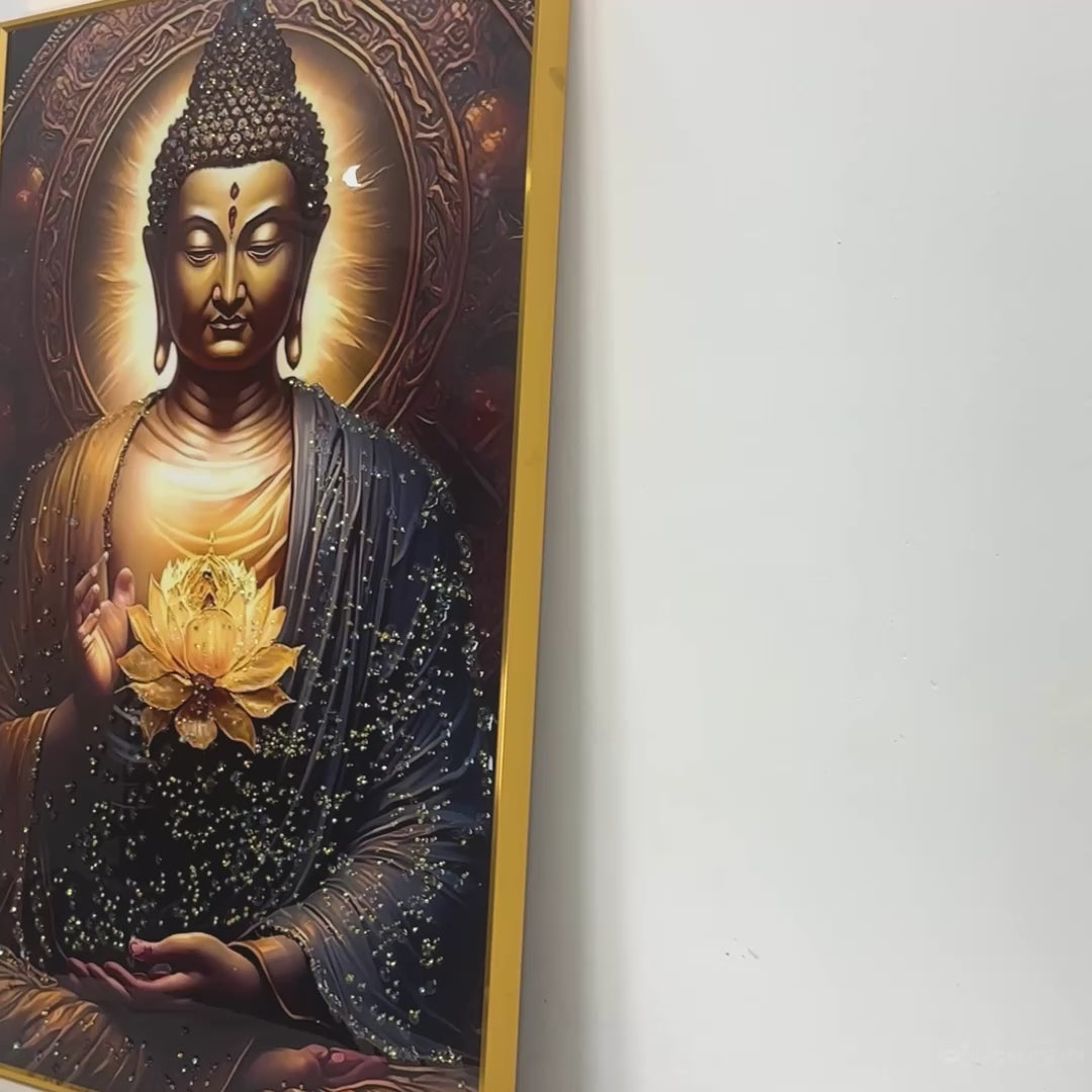 Peaceful Golden Meditating Buddha Metallic Framed Crystal Glass Painting