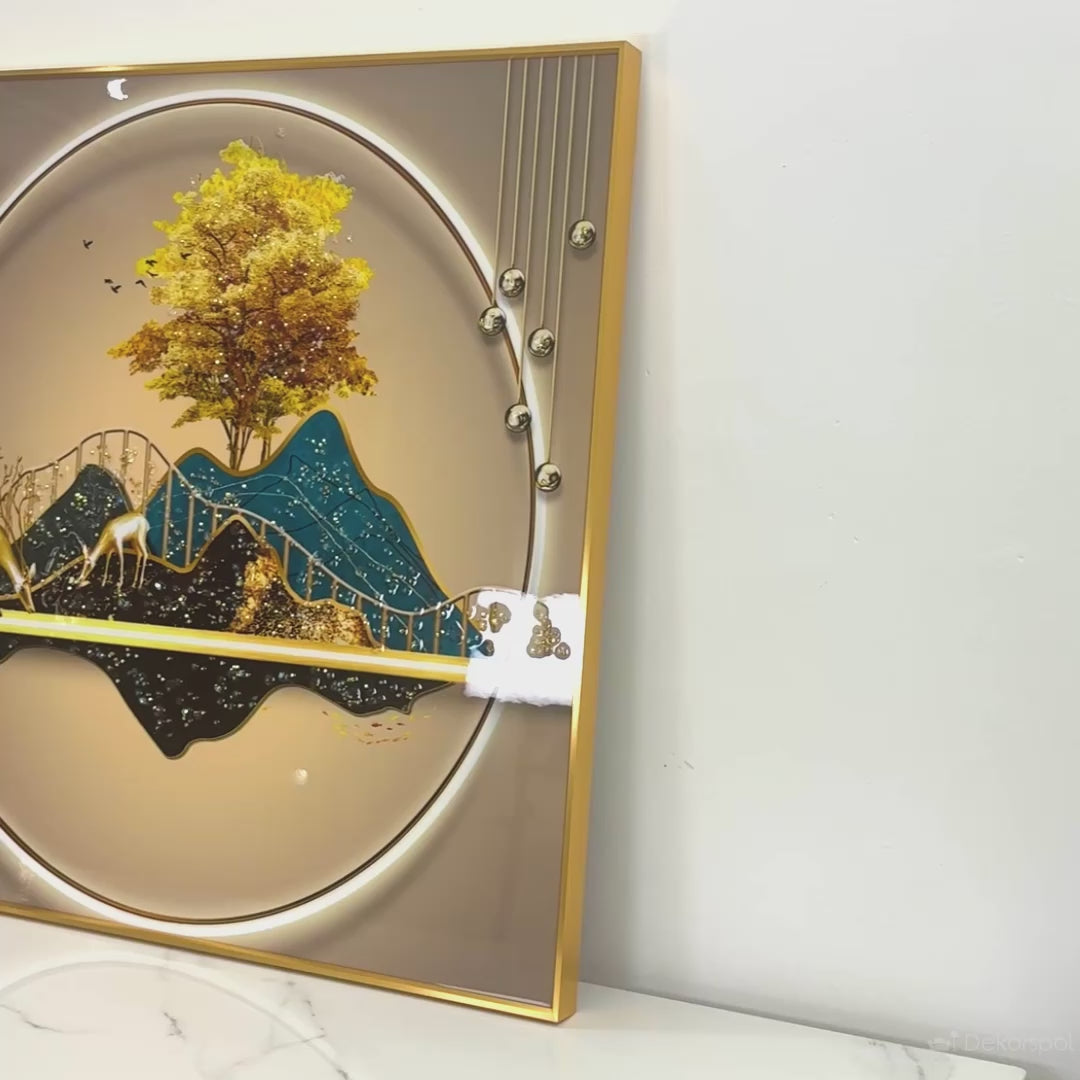 Golden Harmony Landscape Crystal Glass Framed Painting