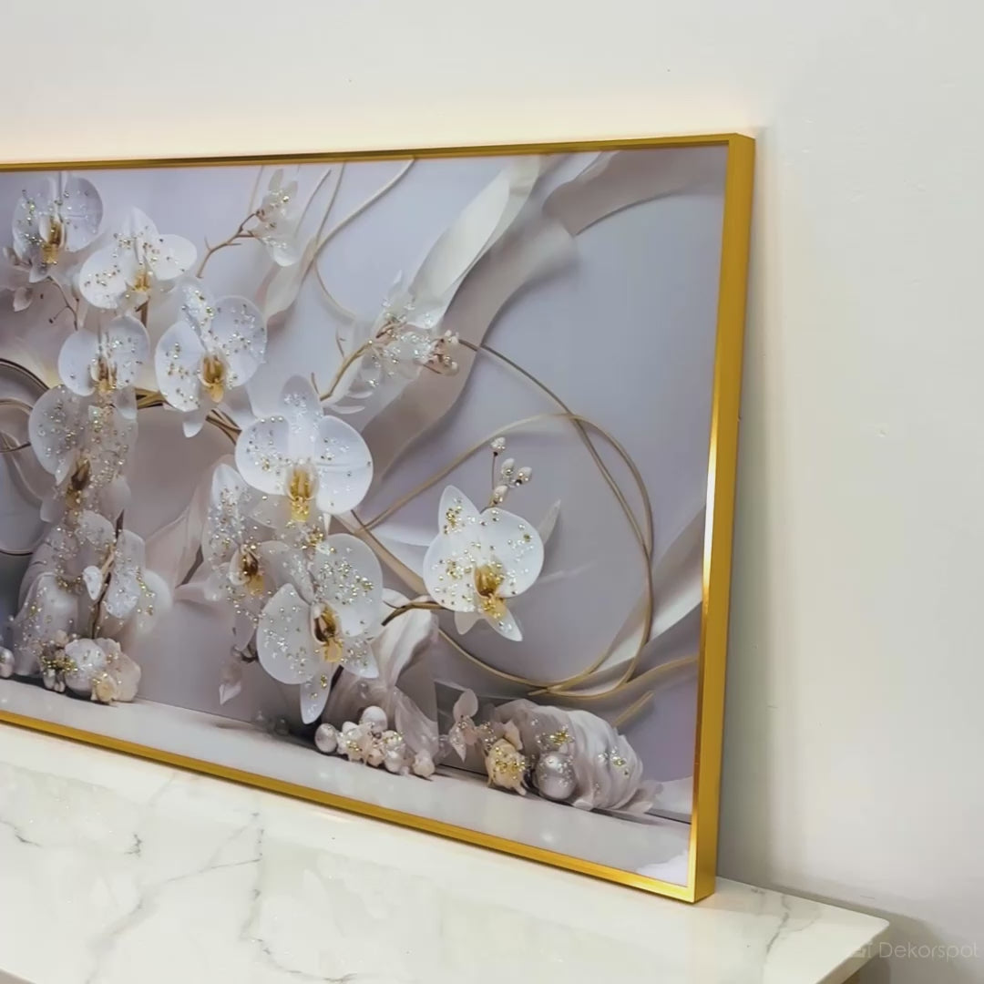 White Orchid Crystal Glass Painting for Modern Wall Décor