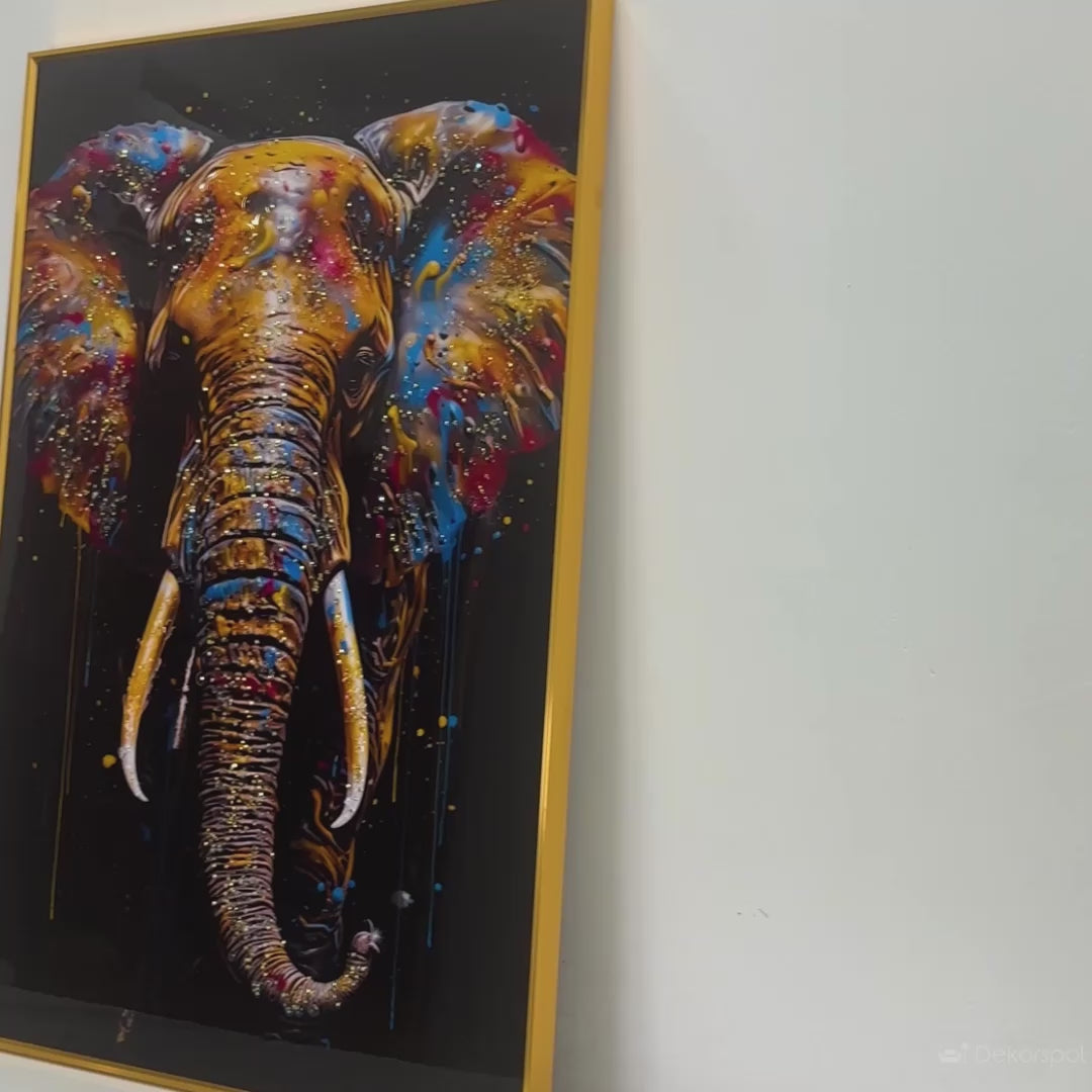 Modern Colourful Elephant Metallic Framed Crystal Glass Painting