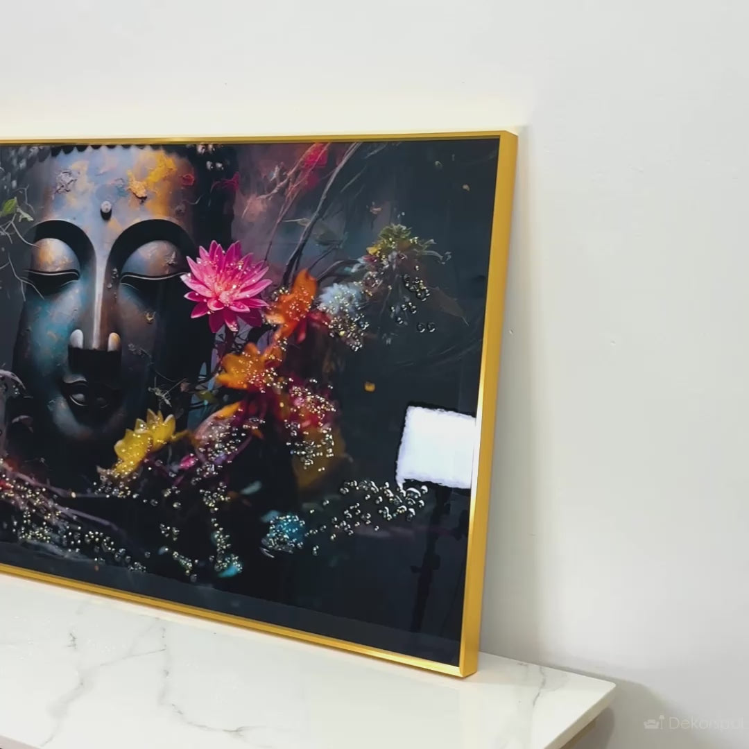 Buddha Face Crystal Glass Painting with Floral Aura