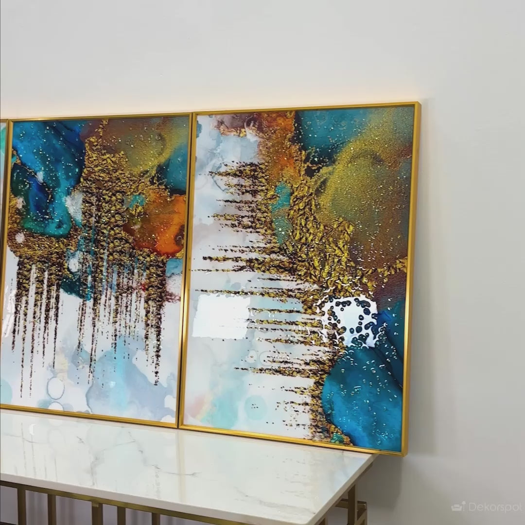 Blue & Gold Abstract Luxury Framed Crystal Glass Wall Art – Set of 3