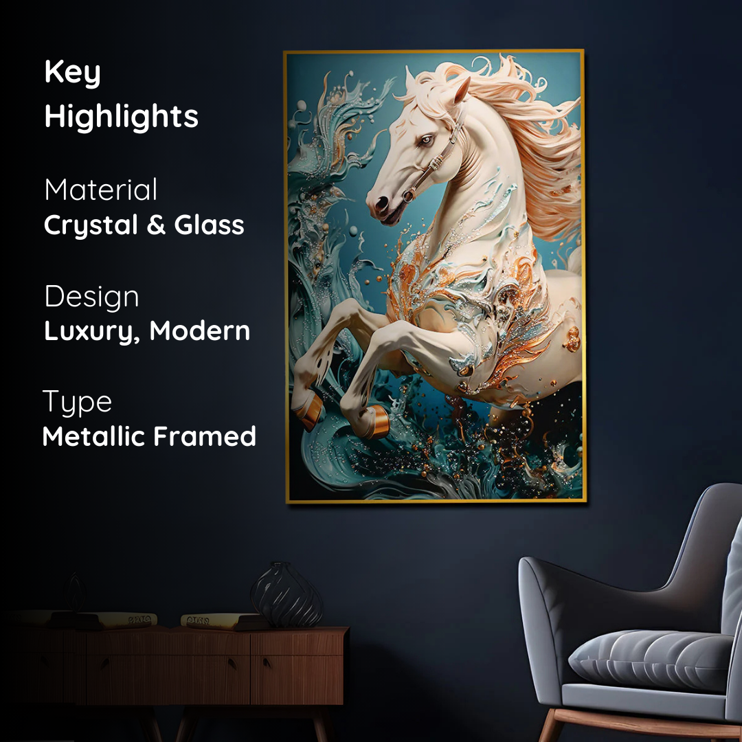 Majestic White Stallion Framed Crystal Glass Painting