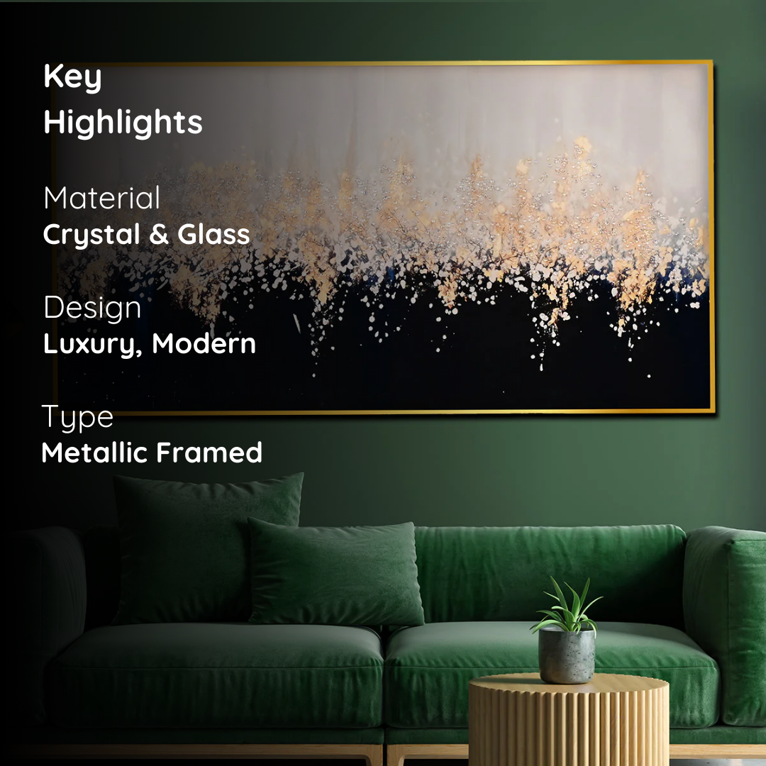 Golden Glow Abstract Crystal Glass Painting with Black and Champagne Tones