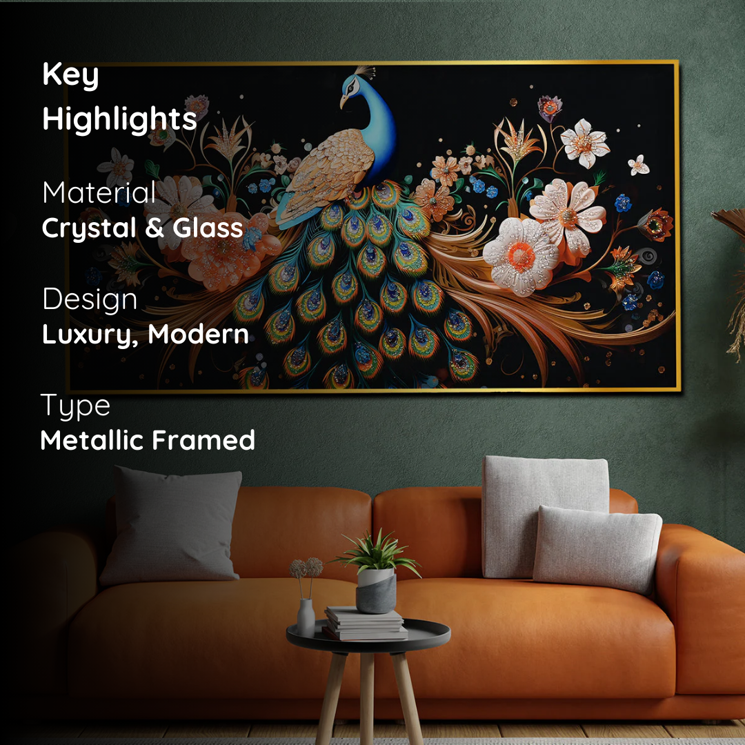 Elegant Peacock Crystal Glass Painting with Floral Detailing