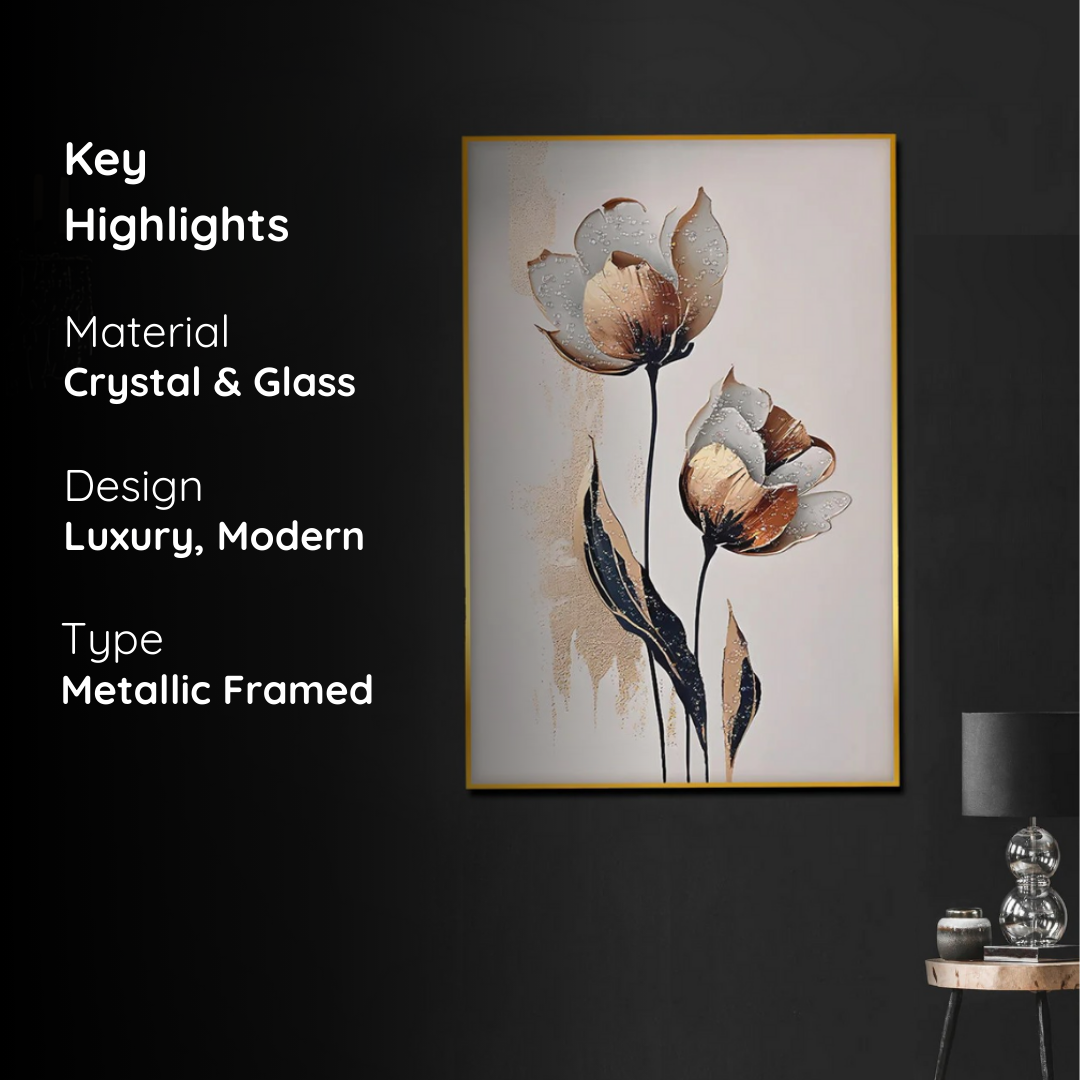 Modern Abstract Metallic Tulip Wall Art Framed | Crystal Glass Painting