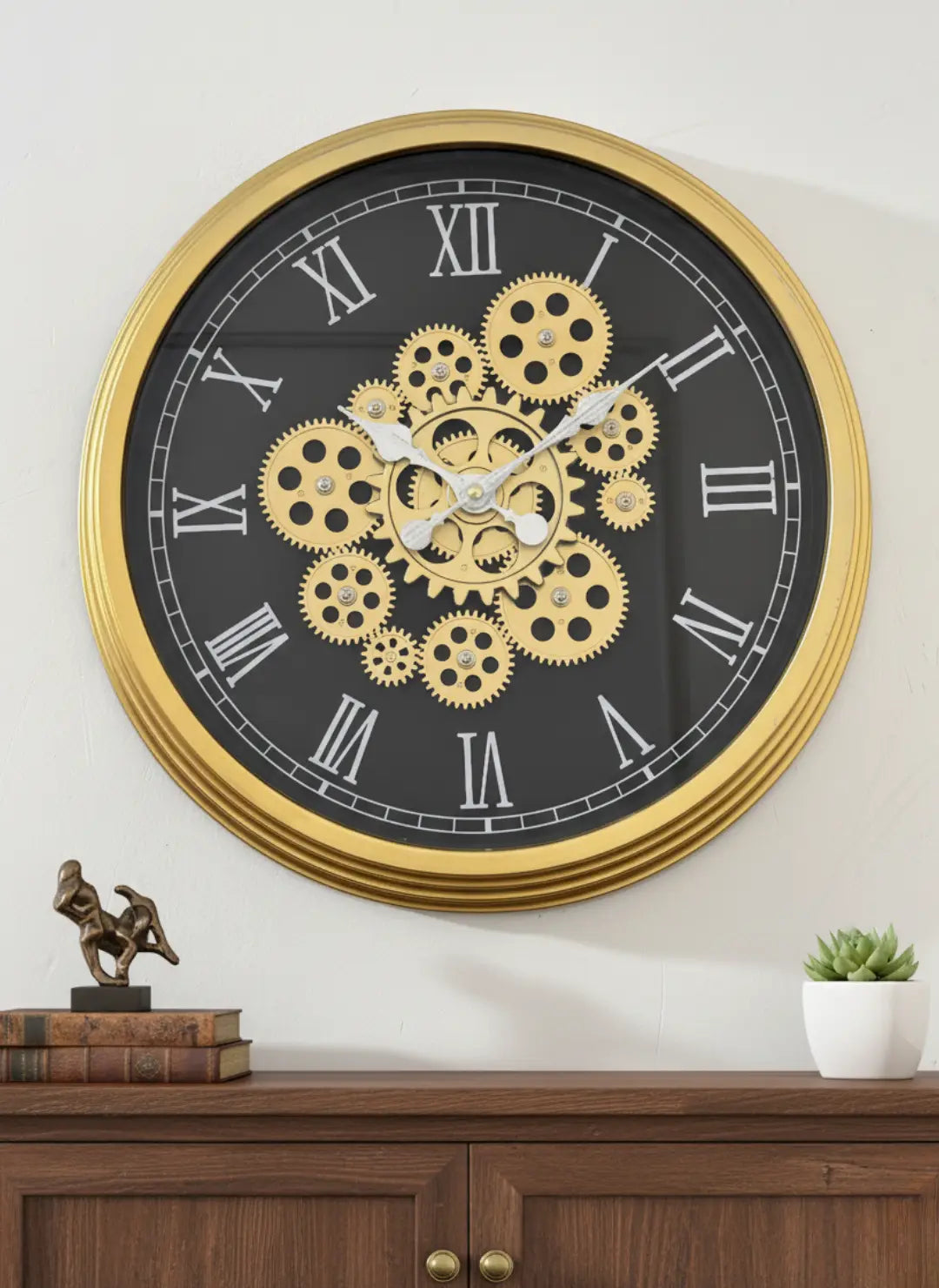 Royal Black & Gold Moving Gear Wall Clock