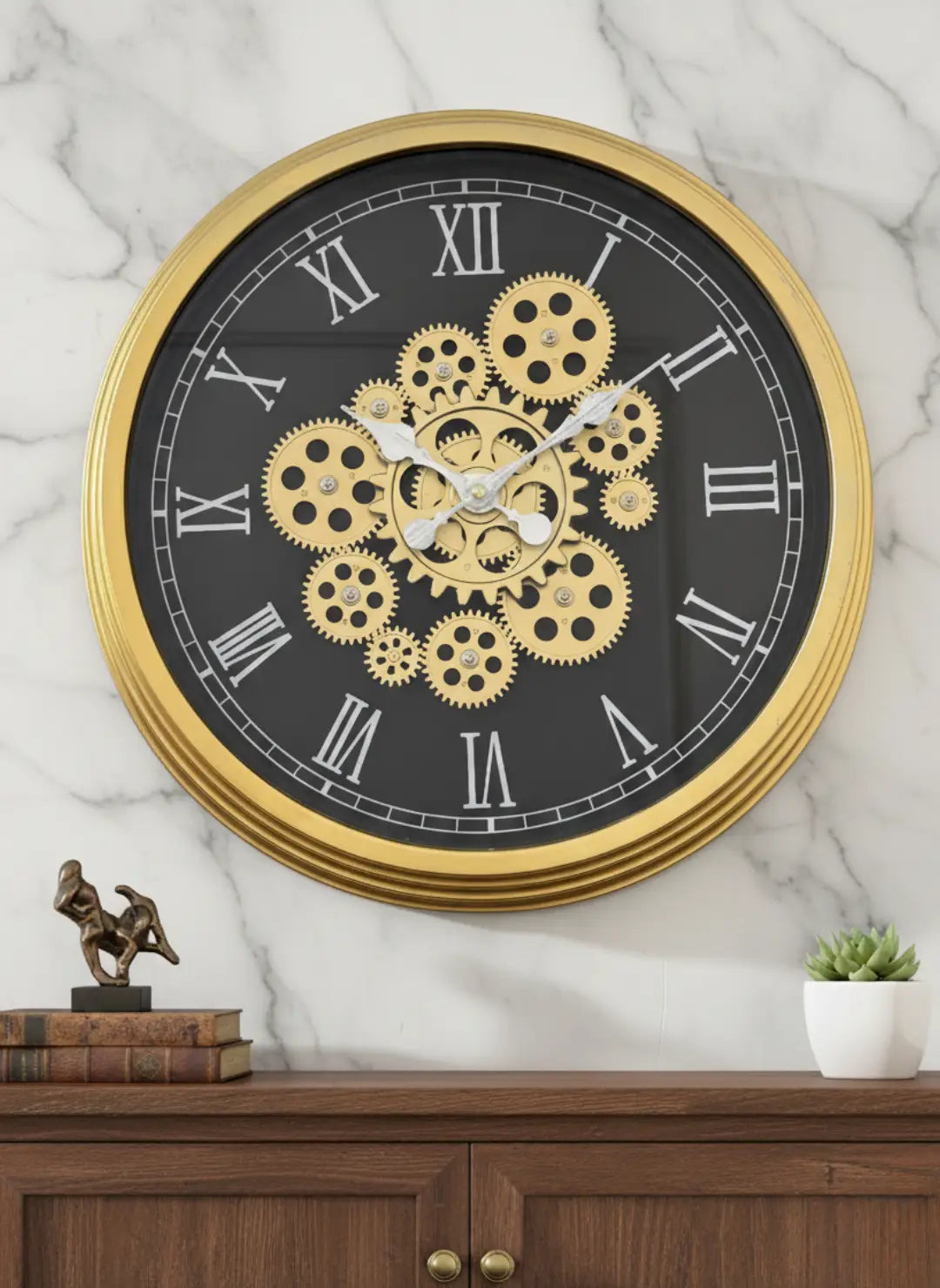 Royal Black & Gold Moving Gear Wall Clock